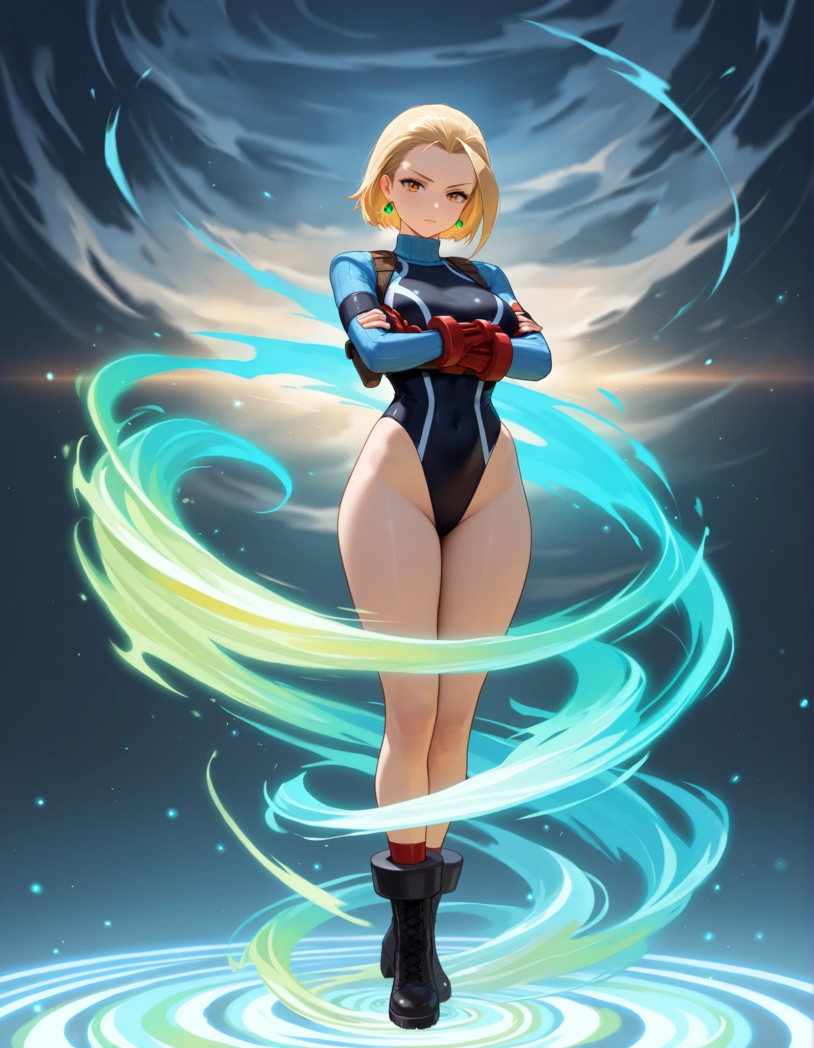 goku super saiyan,sexy woman version,little clothing,dramatic glow,apocalyptic background, en fondo esta el dragon shenlong, realista, obra maestra, hiperrealista, detalles perfectos, blue eyes small and beautiful buttocks, traje sexy con el logo de Kamisama, mujer hermosa, luna llena y grande en el fondo, poderosa, Kamehameha 