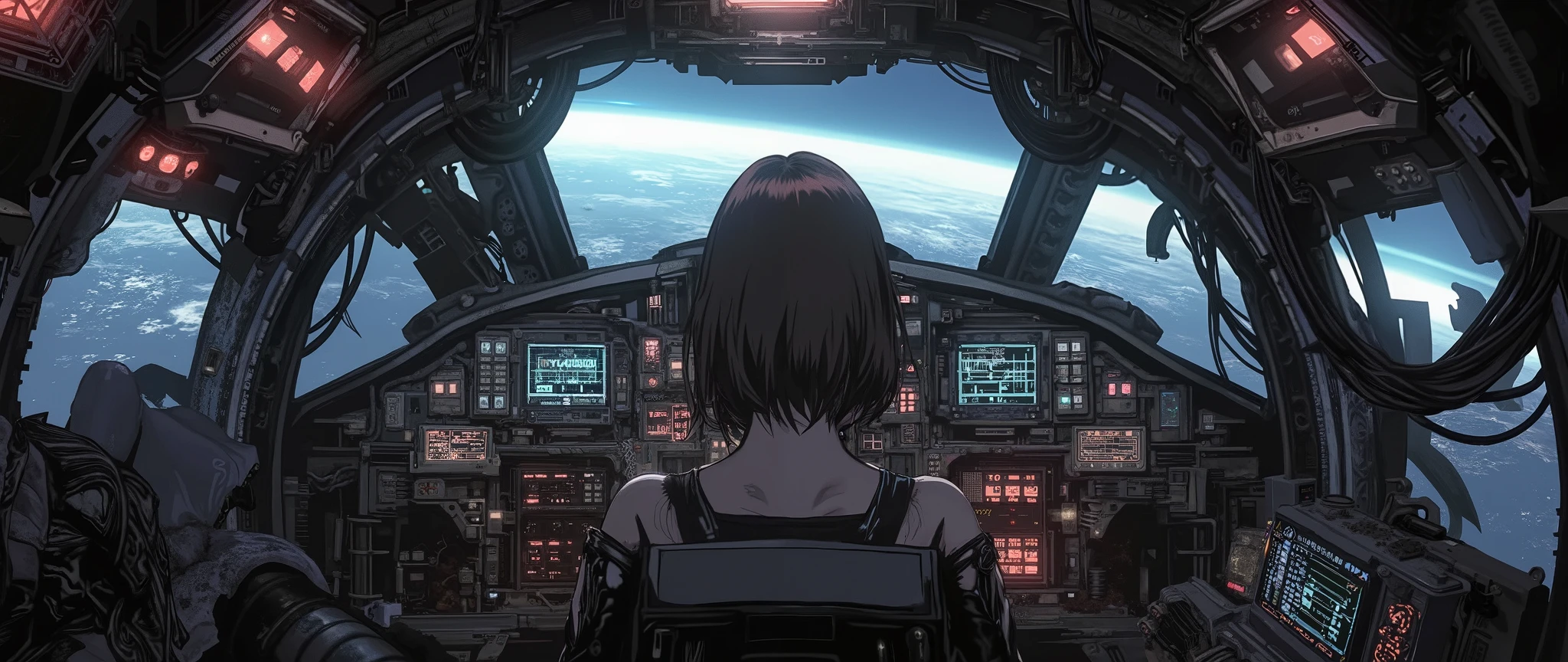 A high-quality masterpiece, stylized as a 90s anime with cel shading and no gradients. The interior of a small, rustic spaceship cockpit from a dystopian cyberpunk future (circa 2070). The cabin is cramped, with exposed wires, matte black panels, and old steampunk-style monitors with physical buttons and flashing lights. A large pilot's chair, raised off the floor by a hydraulic mechanism, is visible from behind. The woman has medium-length brown hair and skin-colored bionic arms. The focal point is a large, horizontally wide, rectangular front windshield, shaped like a flattened rectangle, and curved. The chair is large and tilted backward, similar to the canopy of an F-22 fighter jet. It extends the entire width of the cockpit, allowing a partial view of deep space ahead. The cabin is illuminated by dim red and blue lights, adding an atmosphere of cosmic horror and dark fantasy. Design influences: Ghost in the Shell, Xenocyber aesthetic, rusty and grimy interiors like those in Guardians of the Galaxy. High level of detail. Cinematic scene stylized as if it were a frame from a 90s anime, solid colors, three-tone cel shading. High resolution (32k visuals).