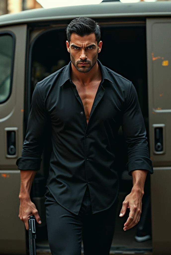 1 man, 20 years old, black hair in, unbuttoned white shirt, inflated body, abs, no beard, Slavic appearance, surroundings ruined city