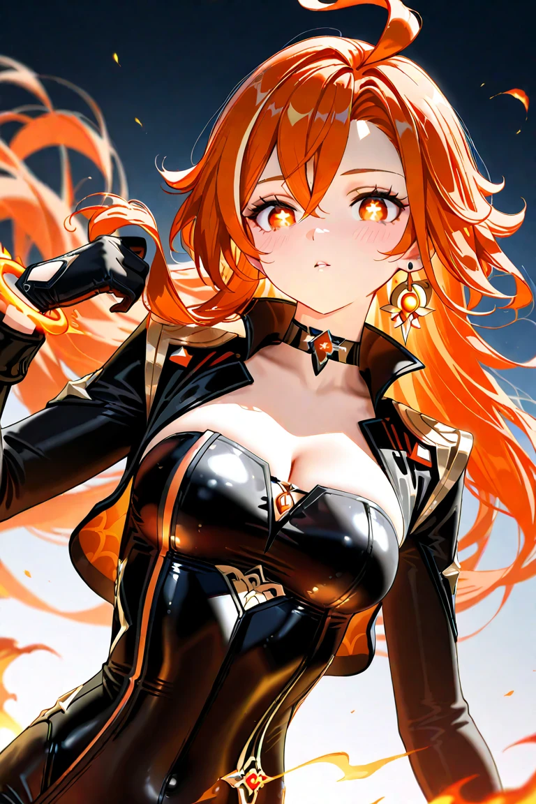 long orange hair, green eyes, large cleavage, pale skin, middle finger, evil smile