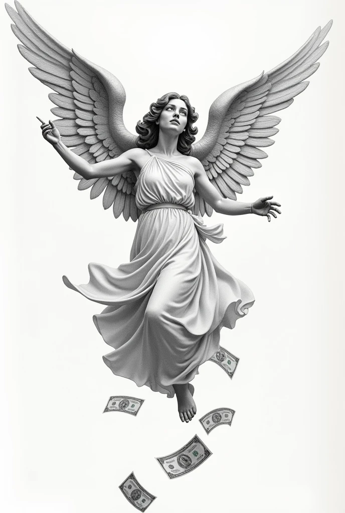 An image of a tattoo, with angel holding bags of money 
