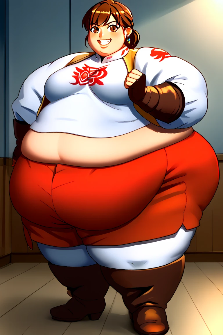 Illustration of a ((Handsome))Anime fat Femboy with a big belly , fat man, extremely face face, ((Dark skin:1.5)), (barely Mobile:1.4),(( insanely inflated hips:1.6)),((fat thig)), ((fat butt:1.6 )),( big stomach:1.5), (proportionally fat arms and legottom heavy)) ,background ( on stage at a concert), expression ( seduce, eyelids lowered, smile)(anime boy )), (((Tan skin))),(( Red eye)), (( Multicolored hair),((long,white  hair with pink streaks )),(( hair Styled into a Bun and braided ponytail )) , ((white half jacket)) ((Skimpy white shorts)) , ((pink Crop top)),(evil aura)),((solo)) anime artstyle, anime art style, unknown artstyle, aura, accurate, 2 d anime style, , high quality anime artstyle, yandere((masterpiece, High aesthetic, high quality)),(WeightObese)