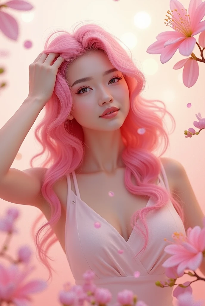 photography of beautiful woman topless, beautiful breasts in white robe, colorful light and shadow, blurred motion, colorful, double exposure, colorful background, dreamy, fantasy, soft lighting, vibrant colors, long shot, portrait, surreal photography, glitter dust, cherry blossom flower bokeh light
