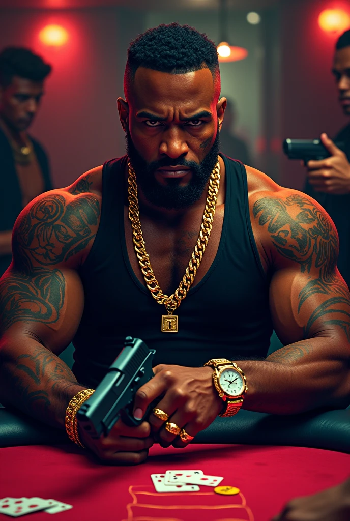 One with Brazilian features , make him a slum in the middleweight division , around his neck several chains of pure gold studded with some rubies , also make a golden assault rifle in your hand , at his feet several pools of blood