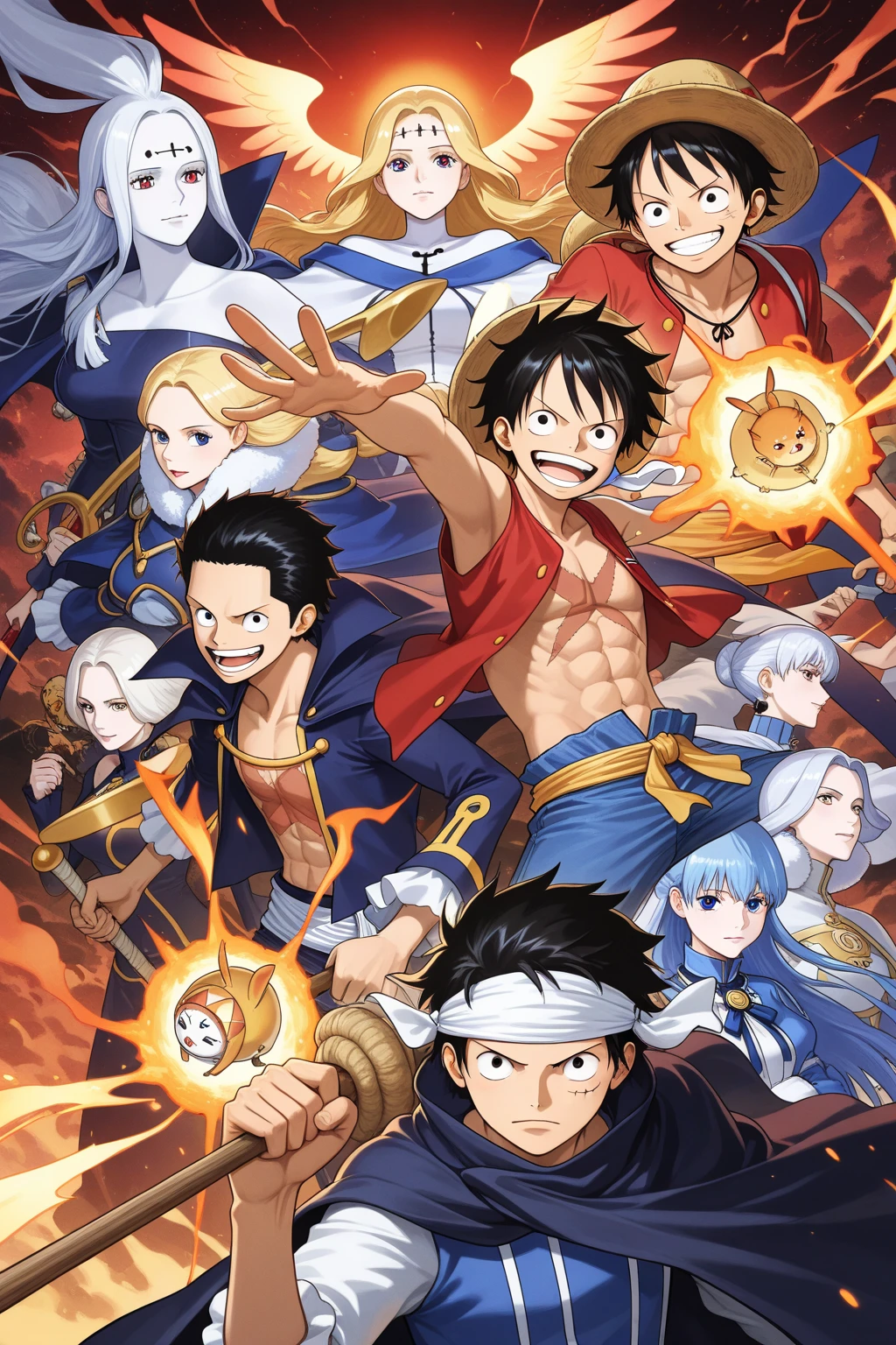Anime characters laughing and dancing in cartoon style, out of one piece, Happy!!!, scene!!, Awesome composition, Anime-Screencap, Anime presented today, Screenshot from an anime from the 2012s, Anime-Screencaps, Anime still, !!Nice!!, masterful composition!!!, Screenshot eines Anime-Films, triumphant pose, air is being pushed around him, BonneyOP, BartholomewOP, One Piece