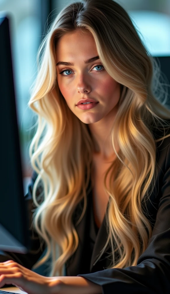 a beautiful woman with stunning nude figure, Alice Eve, perfect physique, long blonde hair, facing away, serene expression, detailed skin texture, smooth curves, soft lighting, dramatic shadows, ethereal atmosphere, photorealistic, (best quality,4k,8k,highres,masterpiece:1.2),ultra-detailed,(realistic,photorealistic,photo-realistic:1.37),cinematic lighting,dramatic colors,chiaroscuro,elegant,sensual