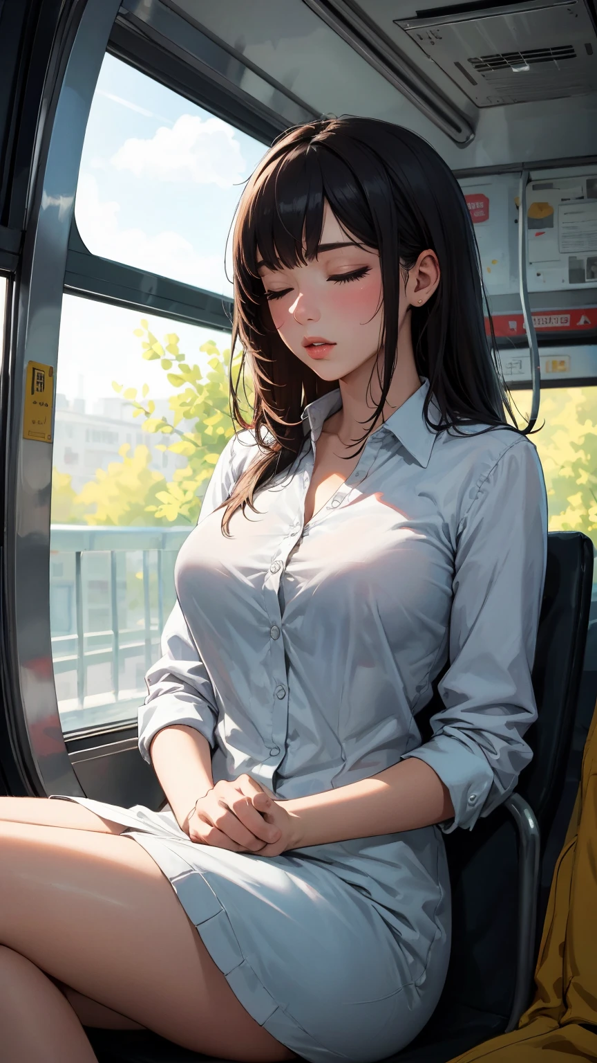 Beautiful woman, Lynn Collins, sleeping with her mouth open, sleeping soundly on the bus, drooling, sweating, eyelids outlined, passed out, beautiful body, dressed as a sexy schoolgirl