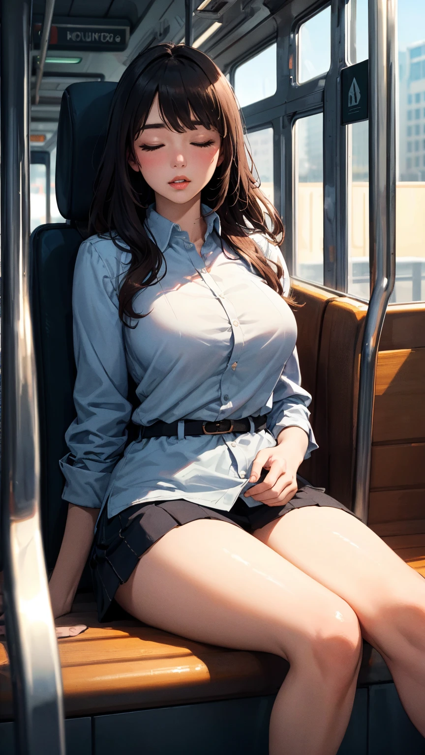 1 beautiful woman, big body, brown hair, eyelids made up, black bodice, jean shorts, sleeping sitting on the bus, black heels, eyes closed, (((VERY INTENSE MAKEUP))), voluptuous woman, face portrait, Face portrait,