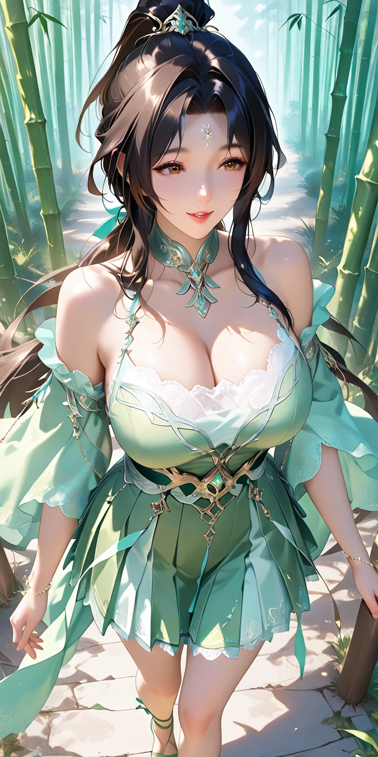 8K, masterpiece, Close-up of woman in teal dress, Perfect Ex, Bare thighs, ((Very long hair)), Beautiful fantasy queen, ((Teal Fantasy Dress:1.5)), Beautiful fantasy girl, Fantasy art style, Popular on cgstation, Beautiful and elegant queen, beautiful girl, Glowing skin, Complex and gorgeous anime CGI style, ((Beautiful fantasy teal queen)), Beautiful and charming realistic woman, Glowing skin, In the park, Sunlight, Realistic shadows, Selfie,