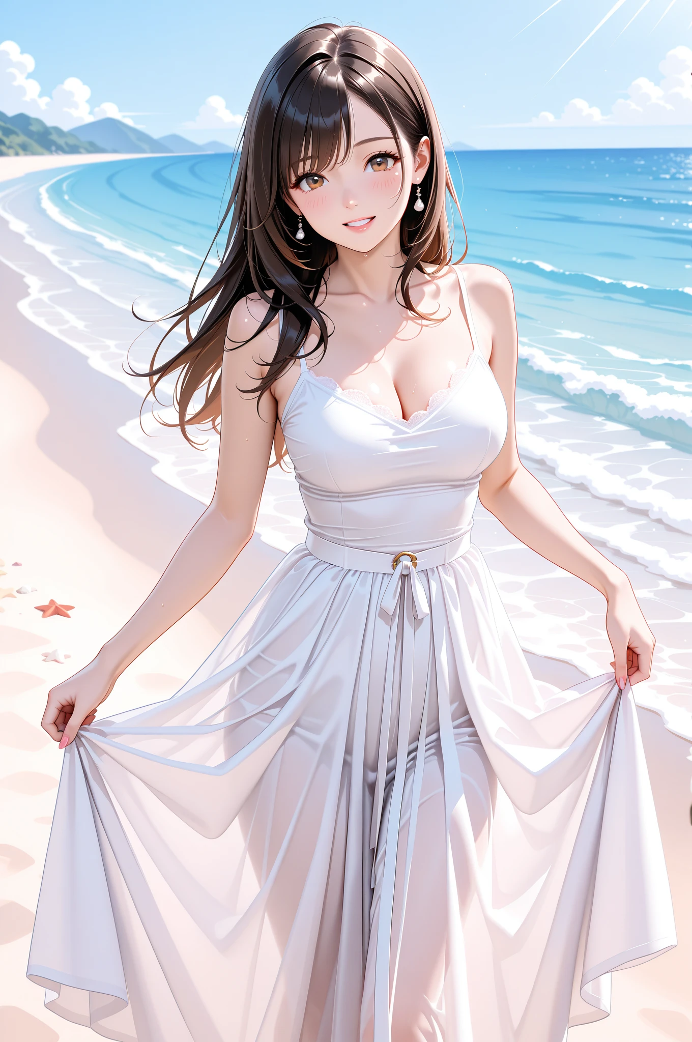 A girl is posing for a photo, cute女の子, Enchanting girl, Anime Girls, 
(((One Girl, Baby Face, cute, 16 years old))), 

(White sleeveless dress:1.4)、(barefoot), ((Straw hat)), Earrings、necklace、bracelet、anklet、
BREAK 

(Beautiful Hair, Shiny Hair, Shiny Hair), ((Black Hair、Hair blowing in the wind、Wavy Hair、Curly hair、Natural curls)), 
(Expression of fine eyes, Beautiful and delicate eyes, Sparkling eyes, Eye Reflexes, black eye, Slanted Eyes), 
double eyelid, Long eyelashes, 
(Beautiful Nose,Thin Nose), 
(Glossy lips, Beautiful Lips, Thick lips), 
(Symmetrical facial features, Perfect Face),
break  

(LOL), 
(noon、(beach、Entering the sea)), ((Dynamic Pose、Spread your hands to the left and right、Cowboy Shot、Full Body))
break 

(((highest quality)), ((masterpiece)), (Very detailed), (High resolution), (Beautiful sparkle), (High detail), (Anatomically correct)), ((Realistic)), 
(The best CG), Highly detailed art, CG illustration, (16k, 1080p), Oil paints, ((Line art)),


