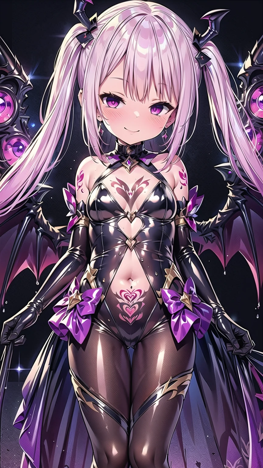 masterpiece, Highest quality, Very detailed, One girl, alone, corruption, Wicked Smile, Genital tattoo, magical girl uniform, Retention Staff,, Black clothes, ,Dark shadowed face,Sadistic smile,Malice,Contemptlatex,Bad face,,,two hands,Two legs,five fingers,evil background,elbow gloves,latex, Wicked Smile, devilish aura (Shiny fabric:1.5),Dark world background,solo,feet,Standing on the rubble,most evil smile,