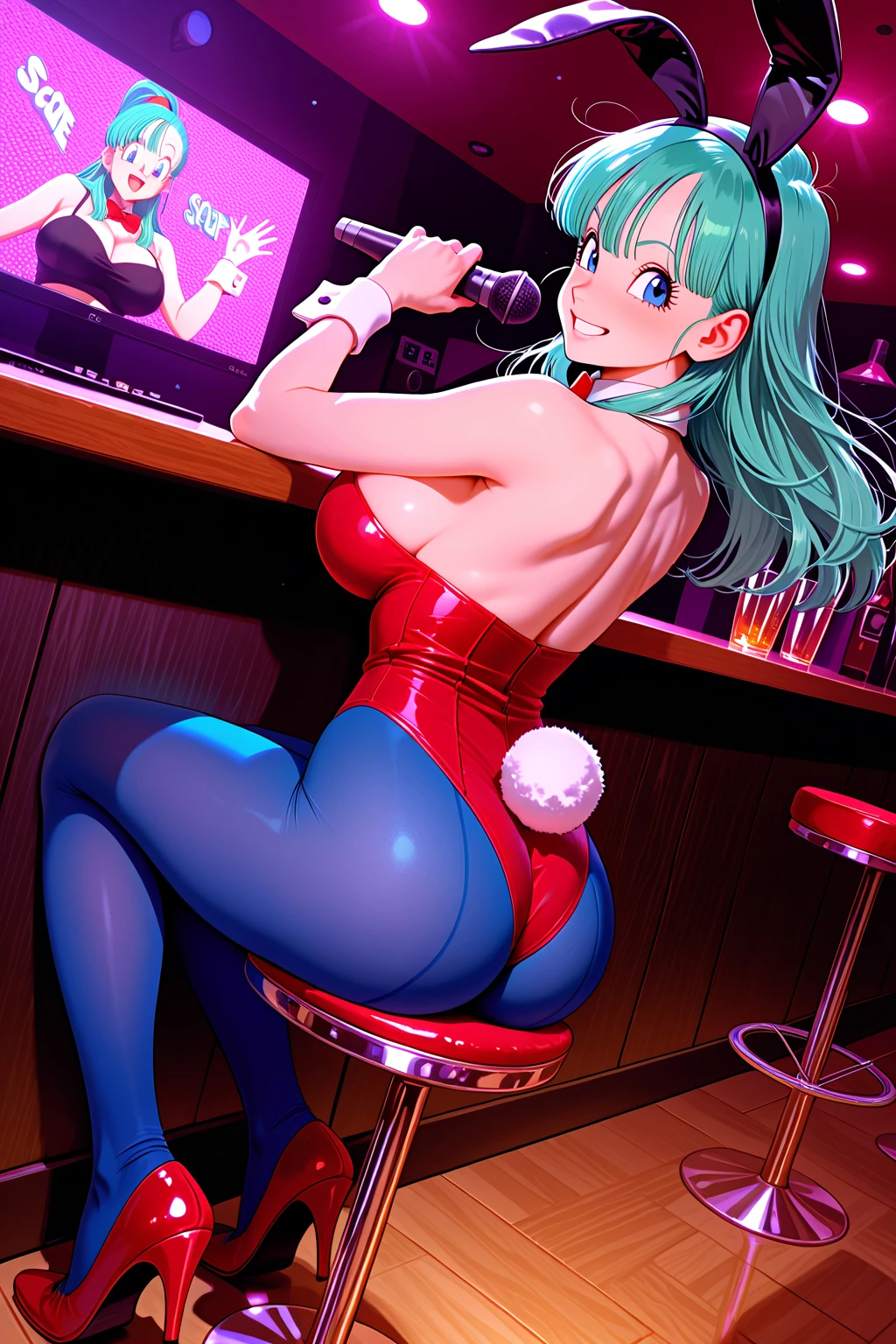score_9, score_8_up, score_8, 1girl, bulma, long hair,, aqua hair, dragon ball, bunny girl, playboy bunny, bunny ears, wrist cuffs, bowtie, detached sollar, cameltoe, exposed breasts, erect nipples, bunny waitress, cameltoe, strip club setting, dark backgroumd, neon lights,, ,score_7_up,score_6_up,masterpiece, ,,large breasts, ,