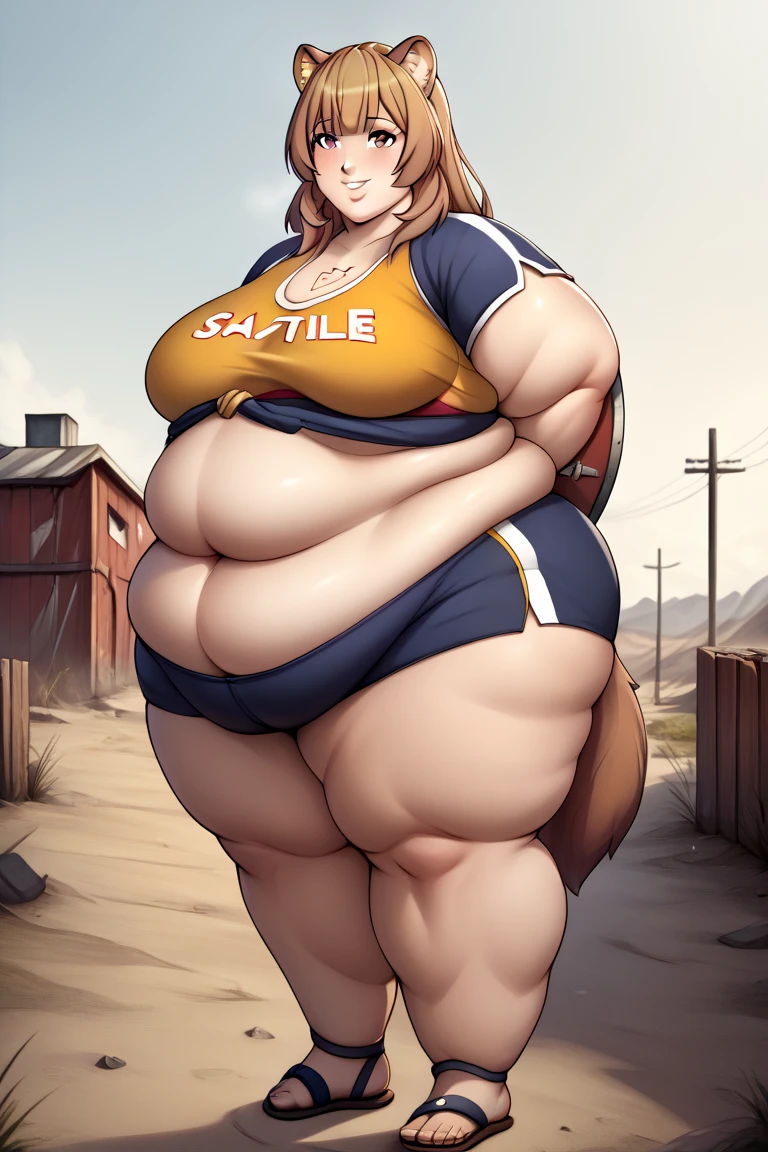 solo, blonde twintails, orange eyes, fat, plump, big belly, muscular female, light dark skin, vore, shiny skin, sweat, in the city, baseball cap, clothes pull, nice hands, perfect hands