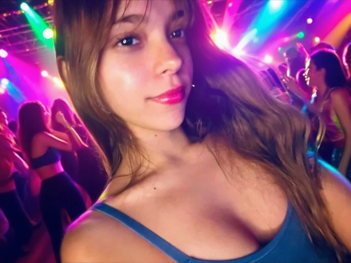 Exact same british young girl taking a selfie of herself wearing sexy green bodycon with billie ellish pattern in an umf event at night, colorful fireworks on sky, perfect and full body, big tits, not bra, not showing nipples, (perfect body), curvy_hips, looking-at-viewer, light honey eyes, standing, mood lighting, Bokeh