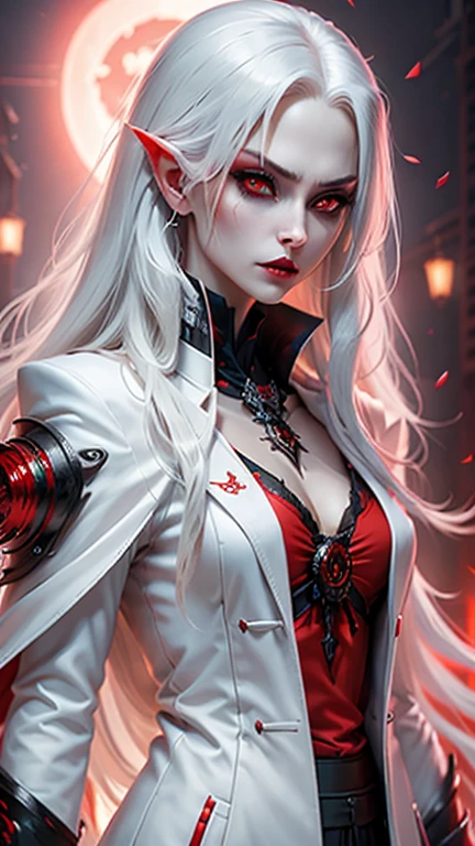 Photo of a white-haired samurai in a jacket standing in the middle of a neon street , Su katana brilla en la oscuridad. Obra maestra, femenino , Personajes ciberpunk , tener un tatuaje, post apocalyptic, super detailed, Listo para pelear, serious expression, super detailed的武士刀 , Obra maestra , (ojos hermosos rojos :1.4)