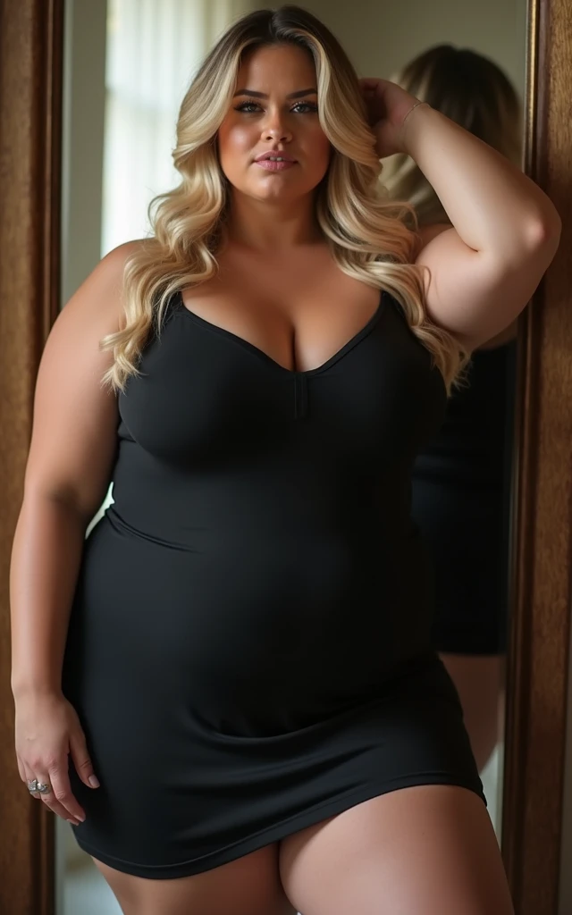 ((Best Quality, 8K, Masterpiece: 1.3)), Chubby woman smile ((best quality)), ((masterpiece)), (detailed), perfect face, USA woman fat in a dark-blue shirt and blue denim skirt walking down a street, thicc, she has a jiggly fat round belly, bbwchan, wearing tight sexy clothes, skinny waist and thick hips, widest hips, her belly is fat and round, soft curvy shape, hyperrealistic full figure, wearing a cute top, wide hips, cropped shoulders,Bare belly,(big assa:0.7),show legs,, thicc, beautiful thick female, beautiful curvy female,, Tall and tall,clear curvy details, curvy hourglass figure, alluring plus sized model, bbwchan, Voluptious body, Curvy model, Curvy body, Be red in the face, 1girll fat , a matural female, A MILF, the golden ratio,(Kpop idol),(Oil skin:1.2),(Oil skin:1.1) background High quality, HD, realistic, HDR. mountain refuge in grey stone, blends into the panoramic view of the mountain, spring landscape (green and flowery), edelweiss, lake, stream that winds, sunset, cool breeze. welcome mountaineers and hikers.
