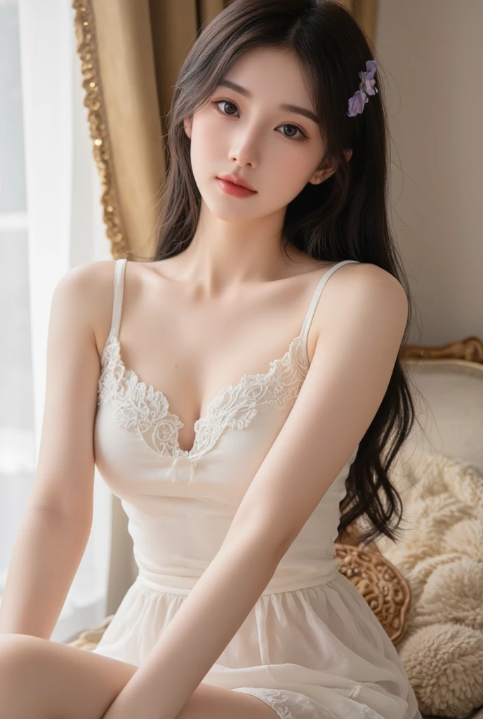 short,camisole,fashi-girl, liuyifei, ((cowboy shot)), (best quality, masterpiece:1.2), ultra-detailed, (realistic:1.37), beautiful, youthful, glamorous model with (detailed eyes, detailed lips, extremely detailed eyes), Lie in bed, in a knee shot, with white and floral colors, showcasing a radiant smile, slender figure, long legs, creating a breathtaking depiction of a girl enjoying the sleep