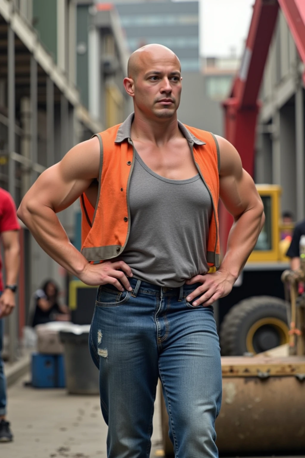 A naked handsome rugged and fit construction worker in a white jockstrap, with a toned physique wearing a vibrant high visibility armband, and sturdy boots, captured in a striking full-body shot from a low angle.