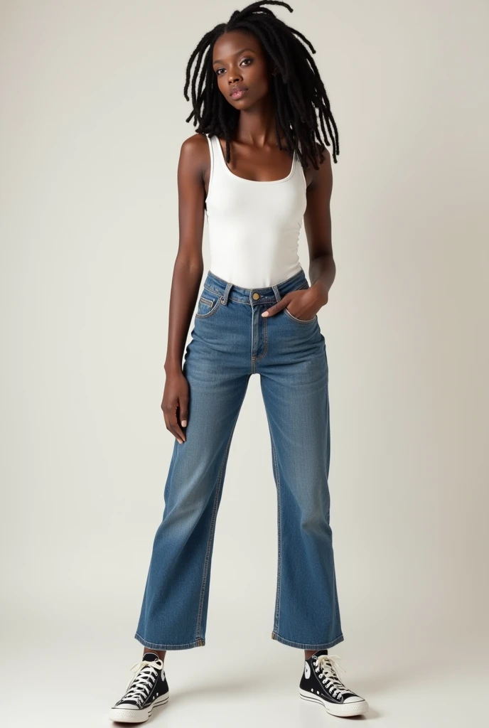 Create samples of a dark skinned lady showcasing how to style in mom jeans, cargo pants, skinny jeans, flared jeans and straight jeans.