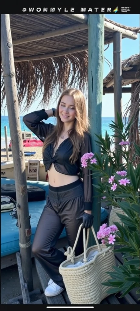 ((Hyper realism)), ((high quality)), ((masterpiece)), ((high level of realism)), ((ultra realistic)), ((details with high levels of realism)), (detailed), sensual girl, girl with perfect face, angel face, 20 year old girl, beautiful, attractive, exuding charisma, very charismatic, subtle smile, smiling subtly, mirada attractive, flirtatious look, perfect hands, olive skin color, He wears a very thin and discreet gold chain, (medium height: 1.5), mirando a la cámara con mirada attractive, (Oval face), (very long straightened hair), (Long hair: 1.6), (light brown hair: 1.6), (almond eyes), (small upturned nose), (very long curled eyelashes), (Wide hips: 1.8), (thick hips: 1.7), girl with big hips, big hip woman, (Thin waist), (flat stomach), (narrow shoulders), (small shoulders), (thick legs: 1.5), female hairstyle, with very discreet makeup, with a high and very feminine hairstyle, sensual pose with her hands behind her body, pose sensual, pose natural, thick legs, Black Satin Spaghetti Strap Bodycon Dress with Hem, Sexy sleeveless spaghetti strap dress, Sexy short sleeve ribbed mini dress, short dress that covers her body, short black dress, mujer con thick hips, short black dress, She is wearing a tight short dress, in a black dress standing on a dock next to a body of water, with a City in the background, in the city, City in the background, with neon lights, at night with neon lights, neón City in the background, general full body shot, at night, Full dress, ELEGANT DRESS, tight black dress, sparkly dress , evening dress that highlights your body.