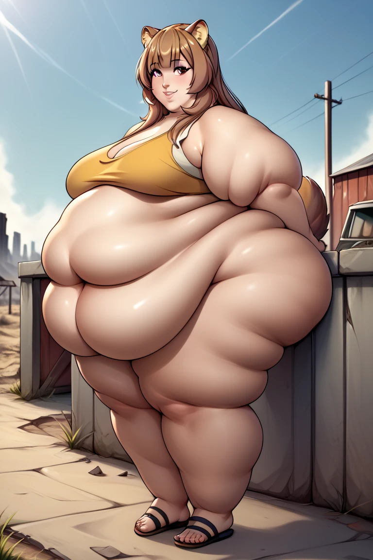 masterpiece, best quality, absurdres, detailed, realistic, beautiful young woman, USSBBW, (morbidly obese:1.4), (realistic detailed face), gigantic belly, huge lips, unzipped hot pants, (ripped) tanktop, long wavy blonde hair, blue eyes, holding a huge burger, burger joint, small smile, wide wyes, eager