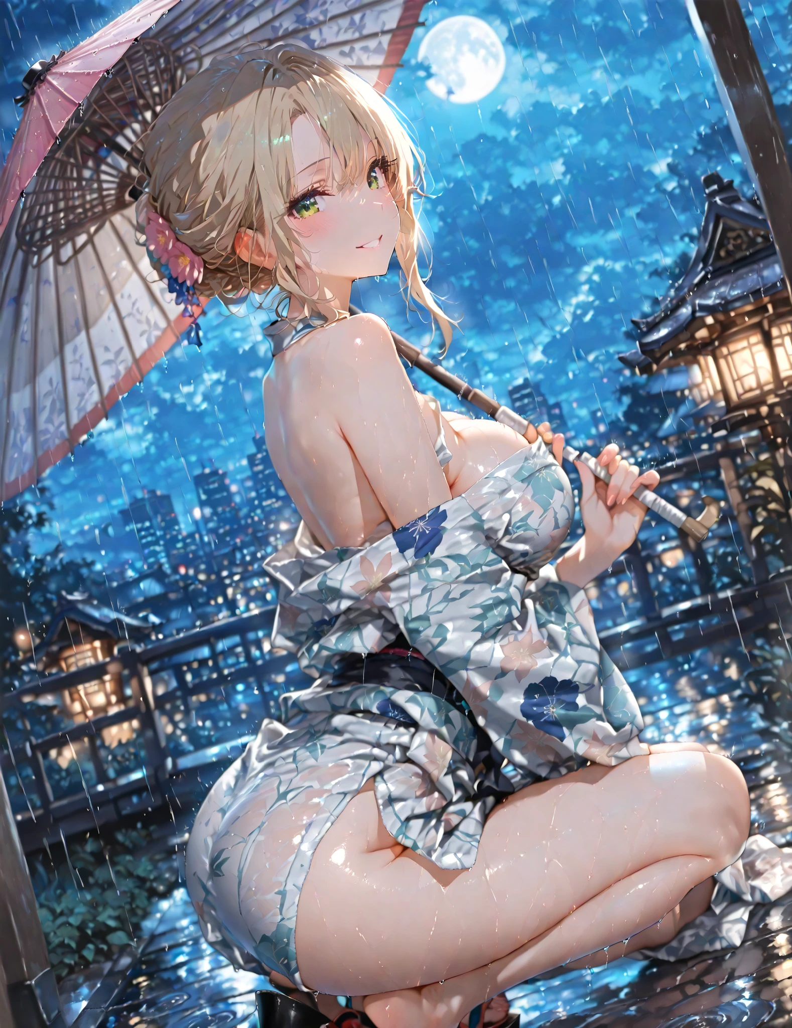 (masterpiece)、(top-quality)、(The ultra-detailliert)、(best anatomy)、Official art、one girls、Lori with light-colored hair、Petite girl、shrine maiden、Silk Hakama、Shoulders exposed、small tits、Chest exposed、back turned、buttocks expose、Wet and see-through、shrines、lake
