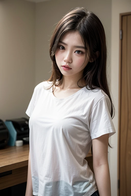 Japan Girl,beautiful girlfriend,a beauty,Raw foto,8K,morning sun lighting,Gray T-shirt and jeans miniskirt,Smooth long hair,A dark-haired,A detailed face,Detailed skin,Detailed eyes,(Slim body:1.3), girl in,About 23 years old,