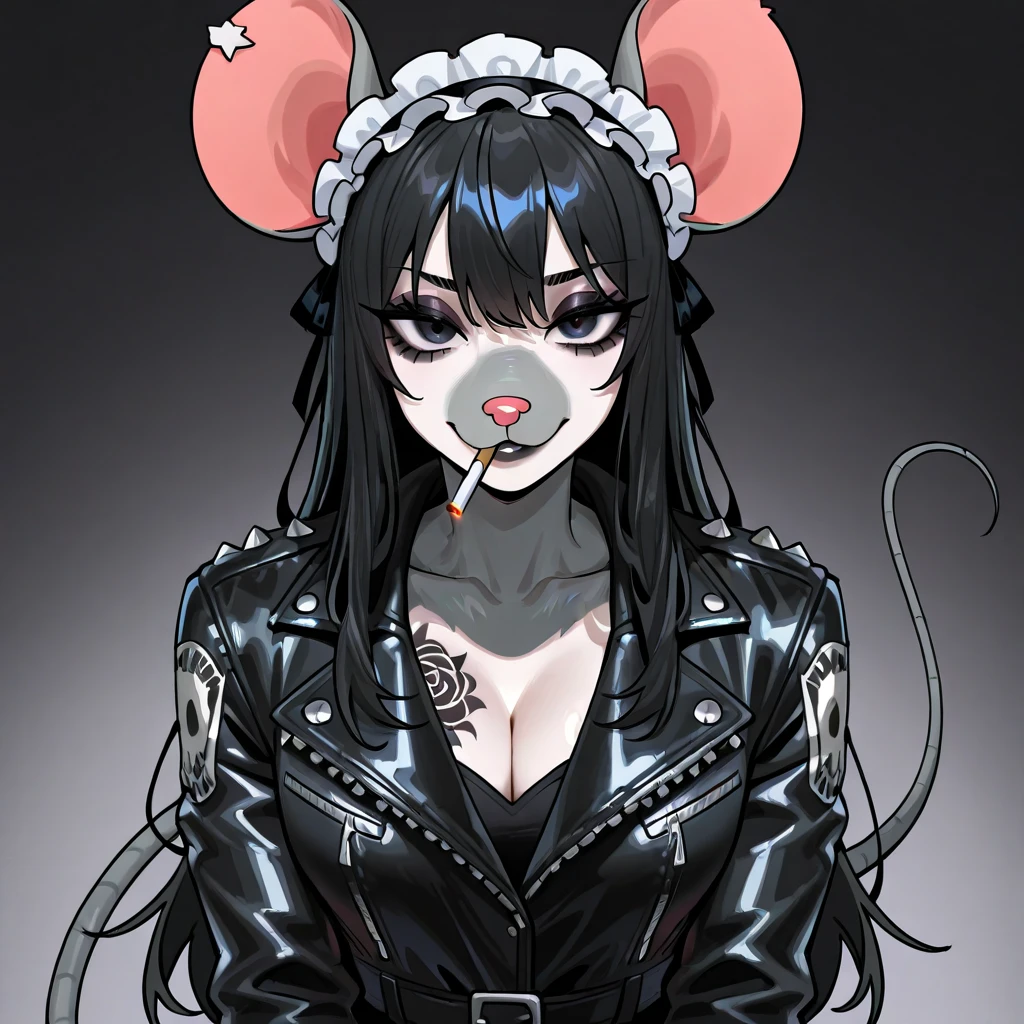 Biker, ((Furry; Anthro Rat)), Rat Girl, sexy, spikes and leather, slender tail, long hair, goth outfit, suggestive pose, breasts