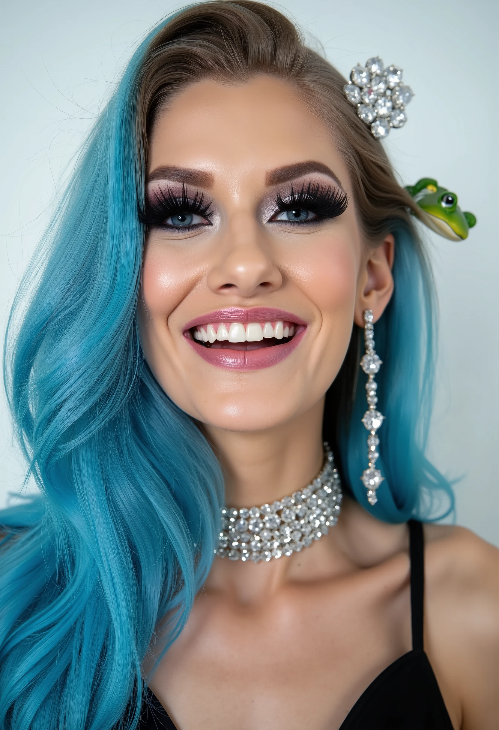 incredibly long and voluminous eyelash extensions, Bright black makeup makeup, diamond earrings , black lips, long flowing hair, blue hair, She laughs, silver choker on the neck, light background, frog hair ornament,
