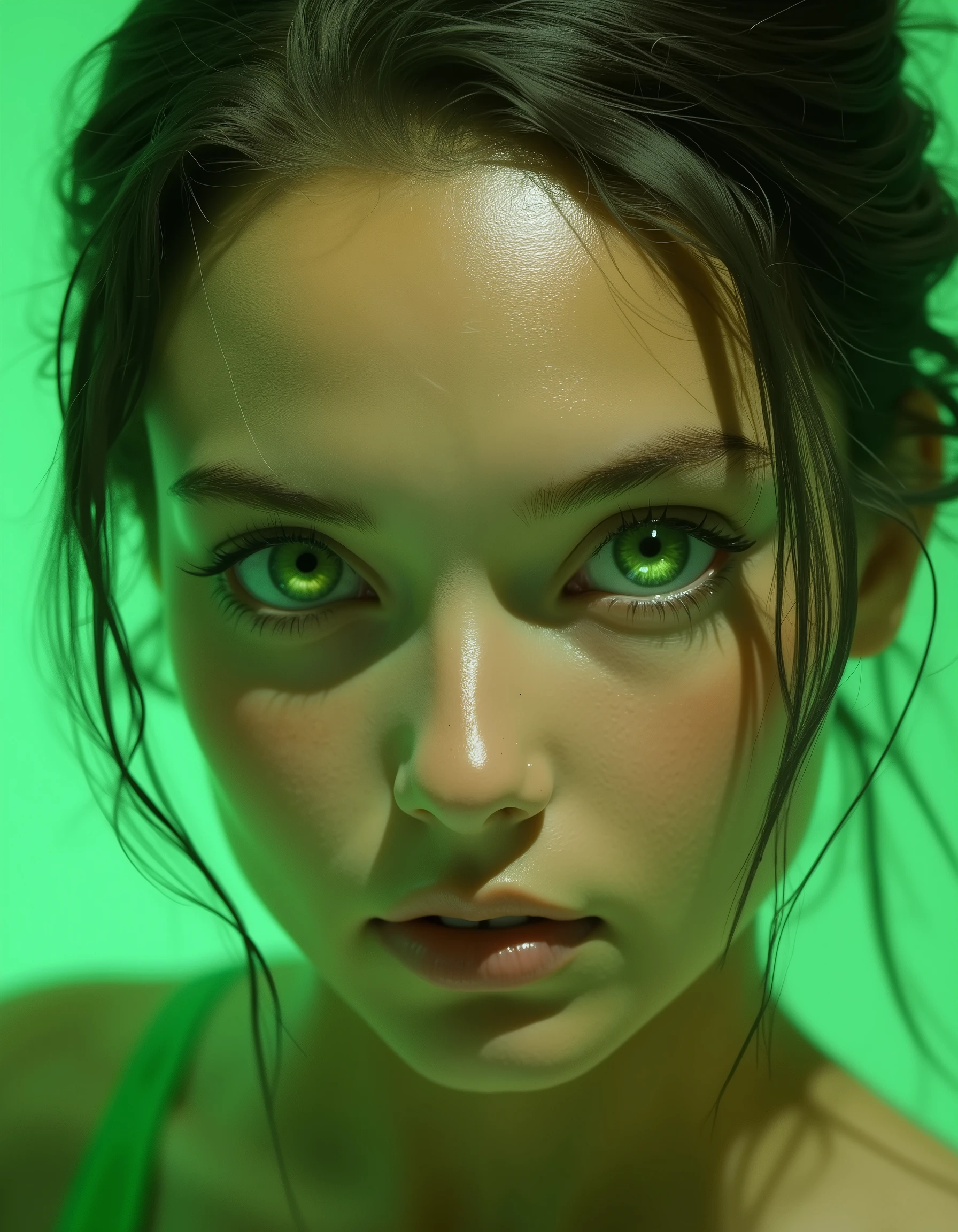 dr34ml4nd a woman's face with green eyes and a green background.  her eyes looking directly at the viewer and her lips slightly parted.
