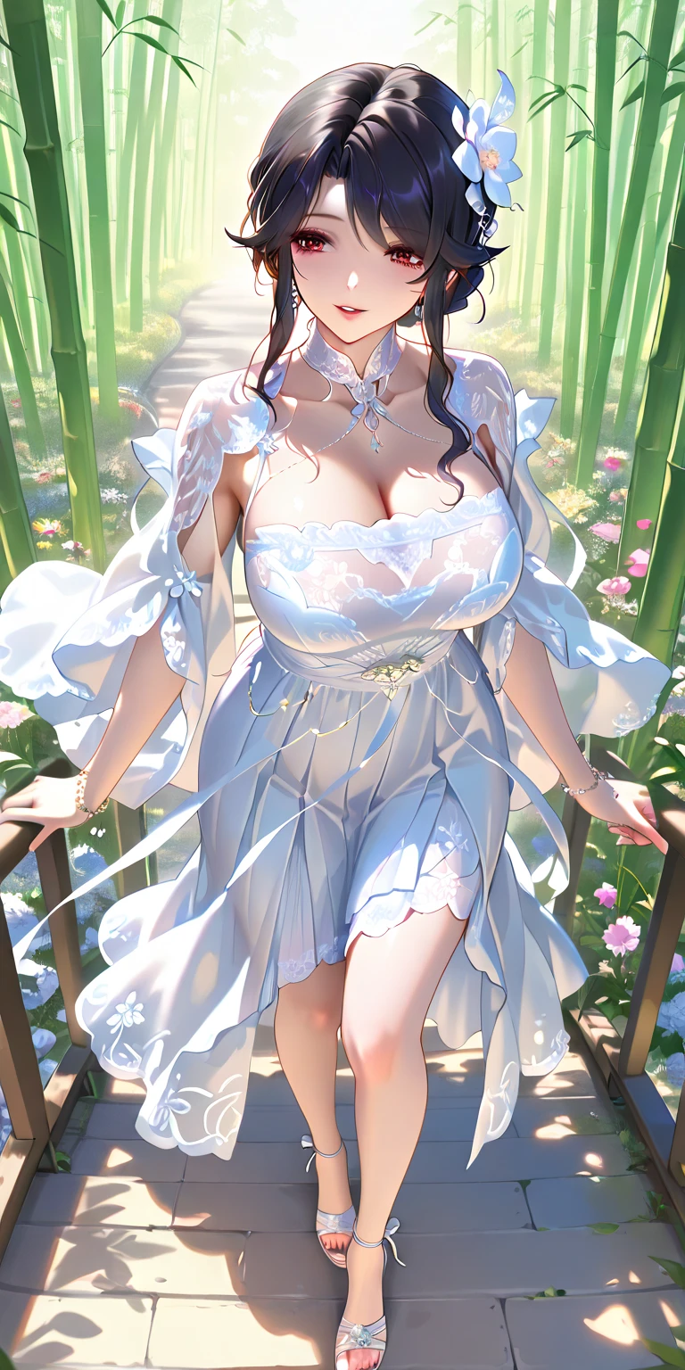 Gorgeous young woman, enveloped in the verdant embrace of nature, Idyllic setting with backdrop of lush green leaves and translucent lace organza.
The central focus is a woman casually seated, revealing her slender figure, clad in a pristine white, belted dress adorned with delicate lace detailing on the calves. She sports a single braid and tendrils cascading across her forehead.
A full-body shot captures the essence of summer and a gentle breeze, rendered with soft focus and an airy, diffuse light that lends a dreamlike quality to the photograph. The overall tone is bright with a touch of photo