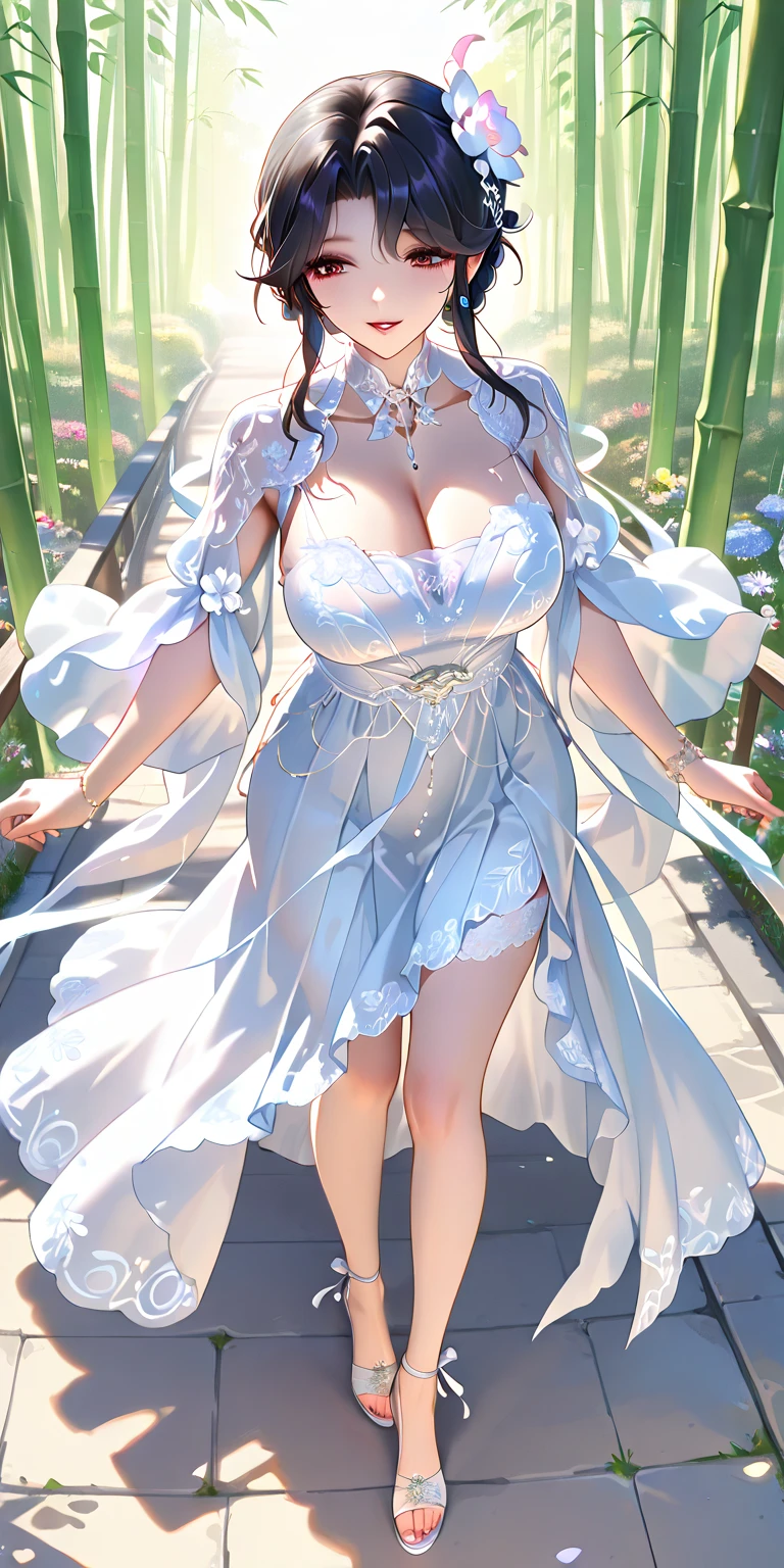 Full Body Shot,Nightgowns and underwear, Charming smile, Thick lips, plump唇, blush, Looking at the audience, Provocative expression, Beautiful Hairstyles, Cleavage, plump、Curvy Hips、Attractive face、Mischievous face、Sexy Lingerie、An inviting gaze、Expressing emotions、feather, Money属装飾品, colored flowerズ, particle, Light, (masterpiece, highest quality, highest quality, Official Art, beautifully、aesthetic:1.2), (1 girl:1.3), Very detailed,(Fractal Art:1.1),(colorful:1.1)(flowerズ:1.3),Most detailed, (Dynamic pose), (Shiny skin), (Many colors :1.4), ,(Earrings:1.4), (feather:1.4),masterpiece, Mr.々Hair style，Moneyのヘッドバンド，Ample breasts，Uneven buttocks，Greek clothing，Tulle covers the chest，Perfect balance, Detailed details of the garment,marble，cinematicLighting, Film Grain, contrast of Light and dark,High detail, (((Gorgeous Accessories))))、Angle from below, Openwork decoration，(((See-through dress)))、(((Anatomically correct body))),Cowboy Shot, 1 girl, (High resolution), (8k), (Very detailed), Perfect Face, Beautiful eyes and face, (((highest quality))), (Very detailed), Detailed face and eyes, Beautiful Eyes,(((Sexy pose,Beautiful Eyes、Transparent double eyelids、(((Super gorgeous background)))、Bright Eyes,Money,diamond,gem,Body Chain,Luxury Accessories,beautifully、flower、(((See-through underwear)))、(((Super gorgeous background)))、Bright Eyes