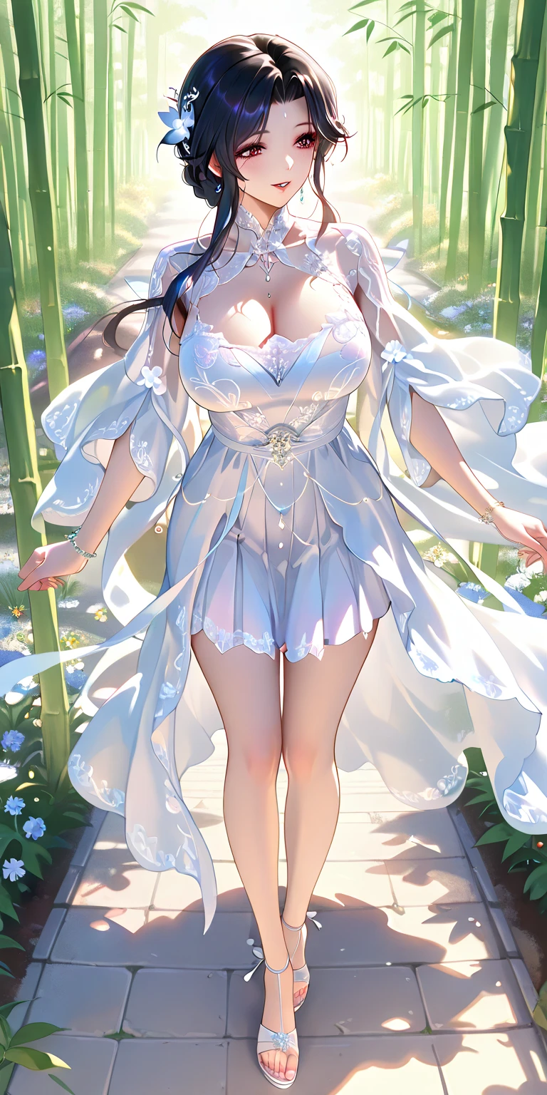 Beautiful white and shining skin、Chestnut hair that changes depending on the light、Long bangs between the eyes that obstruct the view、Cheek gloss highlights、Sexy and very beautiful nice gorgeous face、the most beautiful face in the world、small face beauty、golden ratio、full body shot、short hair、plump breasts、cleavage、slender、open your mouth a little、solo、natural soft light、Spring-like fashion、constriction、Chiffon frill flare dress、Cherry blossom trees、Dancing cherry blossom petals、
