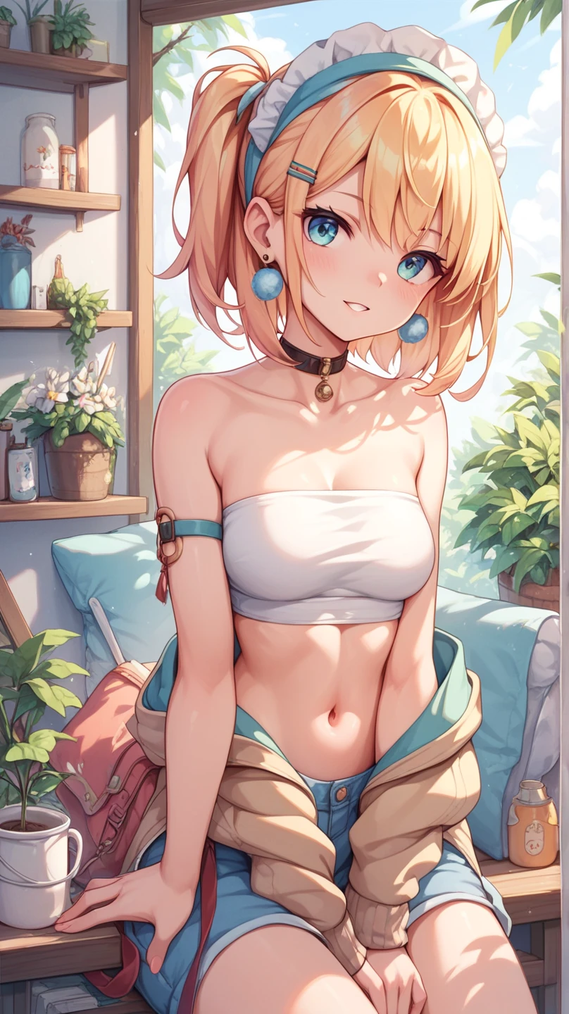 (masterpiece, best quality:1.5), (ultra detailed, high resolution, 8k, beautiful detailed, UHD, best anatomy), Beige hair, medium breasts, 1 cute girl, (Studio Ghibli Style Character:2), bare navel