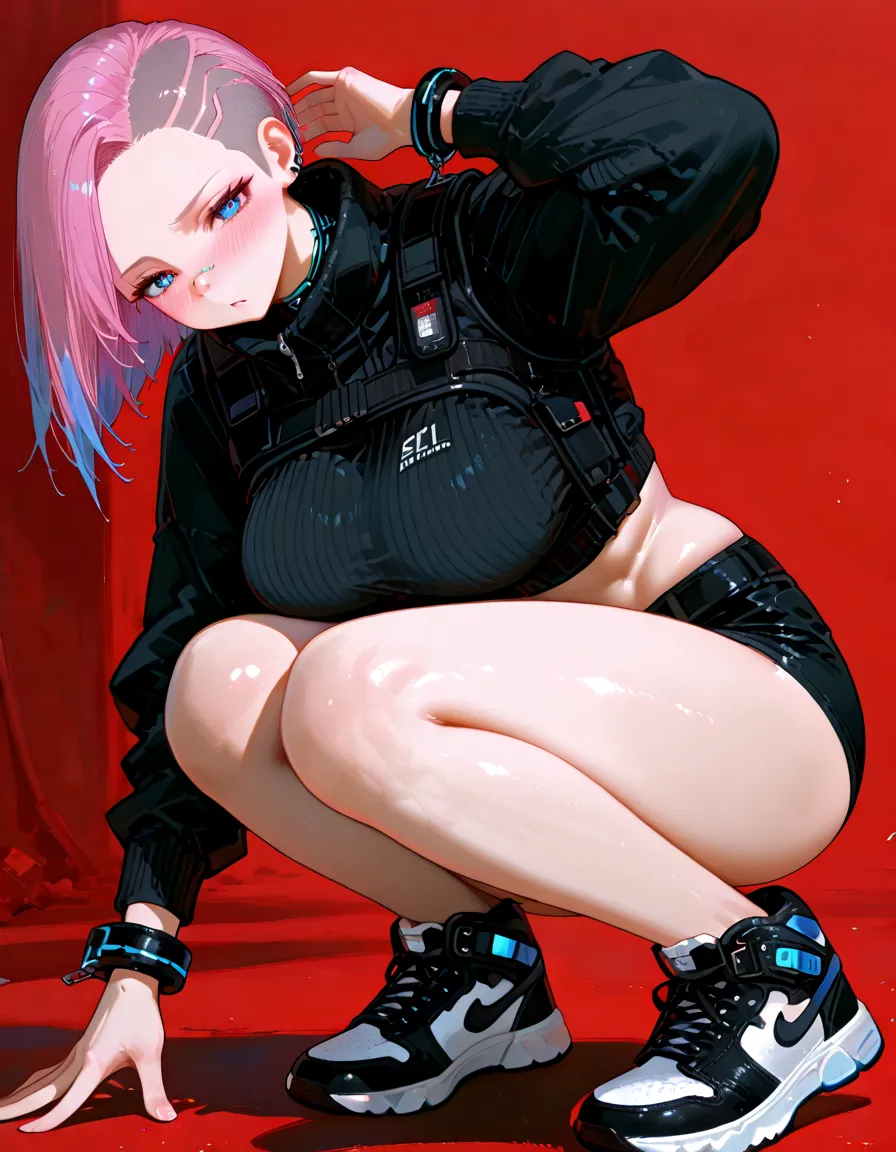 ((medium breast, tomboy girl, small head)), daylight, sunlight, (perfect body : 1.1), (young), (short wavy hair : 1.2) , choker, full body shot,  ((wearing a pink see-through tight wet tube crop top)), ((miniskirt)), (extremely detailed CG 8k wallpaper), (an extremely delicate and beautiful), (masterpiece), (best quality:1.0), (ultra highres:1.0), beautiful lighting ,stiff nipple, cameltoe, perfect lightning,pulling skirt, realistic shadows, [highres], detailed skin, ultra-detailed, spread thigh, one leg up, squatting on the floor, black thighhigh, boots, large earring, thighs, (((colorful))), (loosely worn top), beauty mark, angle from below suitable for viewing in public places, perfectly