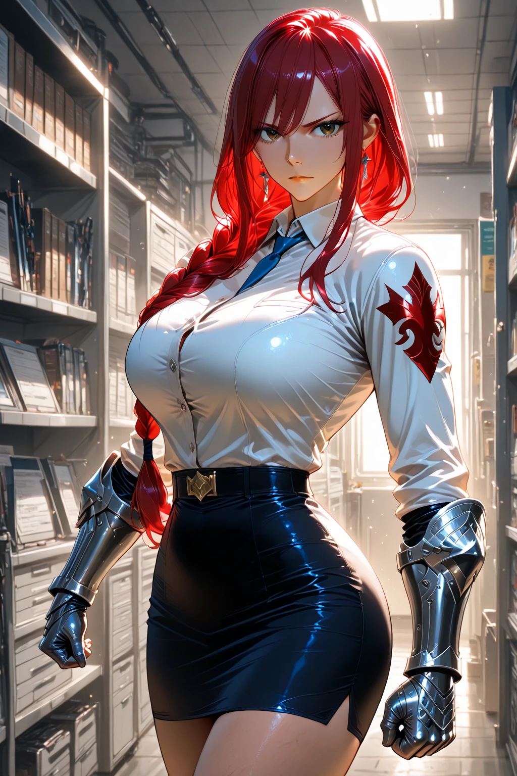 1 woman, 30 years old, wearing a classic , red tie, white semi-transparent shirt, black bra, extremely short red miniskirt, thick thighs, big green eyes, long and defined eyelashes, radiant smile, red cheeks, bluish-white hair with silver reflections, creamy white skin, mature body, thick thighs, wide hips, extremely large breasts, highly detailed, intricate details, extremely sharp, HDR, studio lighting, dramatic lighting, photorealistic, Joe madureira style