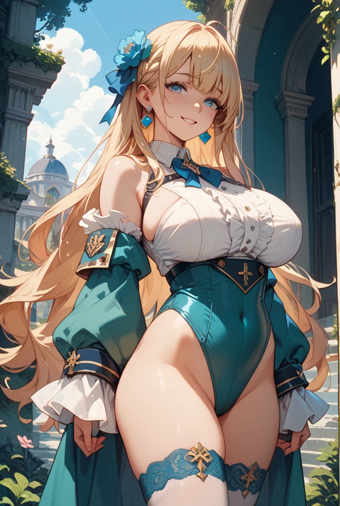 anime, ultra detailed, hyper detailed, best quality, highres, 4K, master piece, 1 female, 28-year-old, Navia, sexy lingerie, gigantic, huge breast