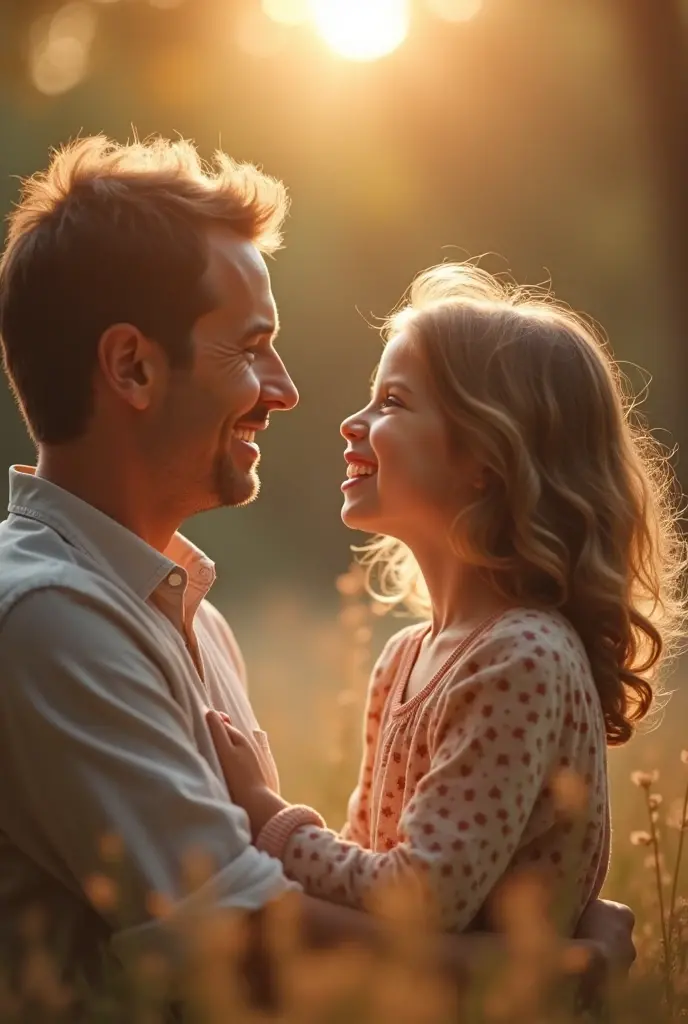 a loving father, Father's Day, father and daughter, heartwarming moment, paternal bond, ultra-detailed masterpiece (1.2, 8k highres), photorealistic, realistic, warm lighting, soft focus, beautiful colors, vibrant hues, tender mood, sentimental, cinematic – this image captures a tender embrace between a loving father and his daughter during golden hour. The father's gentle smile, tenderly holding his daughter's hand, emanates a heartfelt emotion as they share a beautiful family portrait. The warm lighting filters through the soft focus, bathing the picture in a loving relationship that radiates a palpable paternal bond