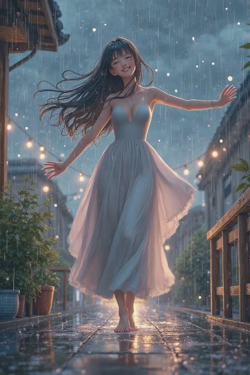 hyperrealistic, detailed, cinematic, 8k resolution illustration of a young, beautiful woman with flowing hair dancing in a rainy city street. She is wearing an elegant dress, smiling with her eyes closed, and her arms are outstretched, She is carefree, and the neon lights reflect in puddles on the wet pavement, blurred, dramatic, with warm light from street lamps illuminating the raindrops,