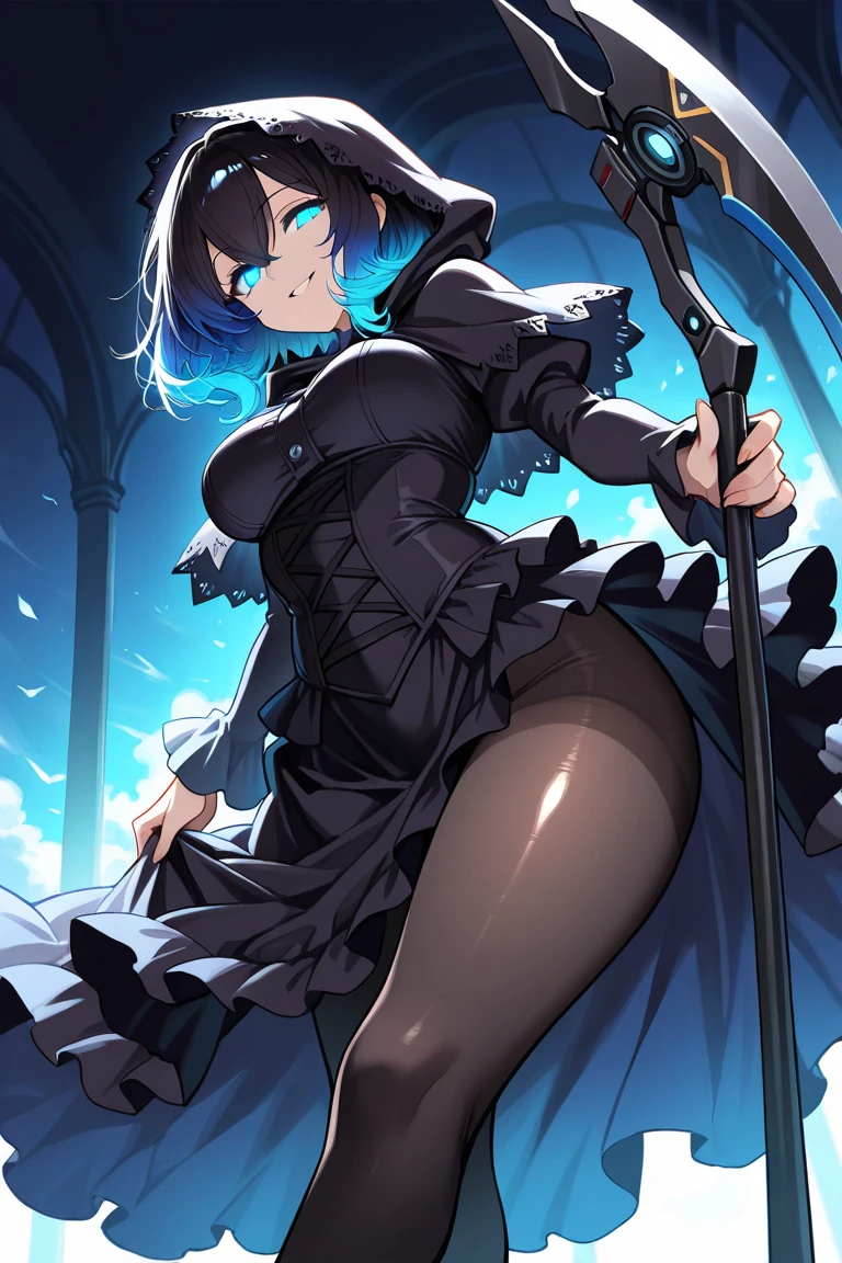 table top, highest quality, 1 girl,light blue hair, (black eye:1.2),((Topless))、((The chest is exposed from the neck))、((embarrassed look))、((full moon))、((Photo from below))、(((thigh high boots)))、((short hair hair))、((black long gloves))、((open your legs))、((black panties))、((Tierra))、