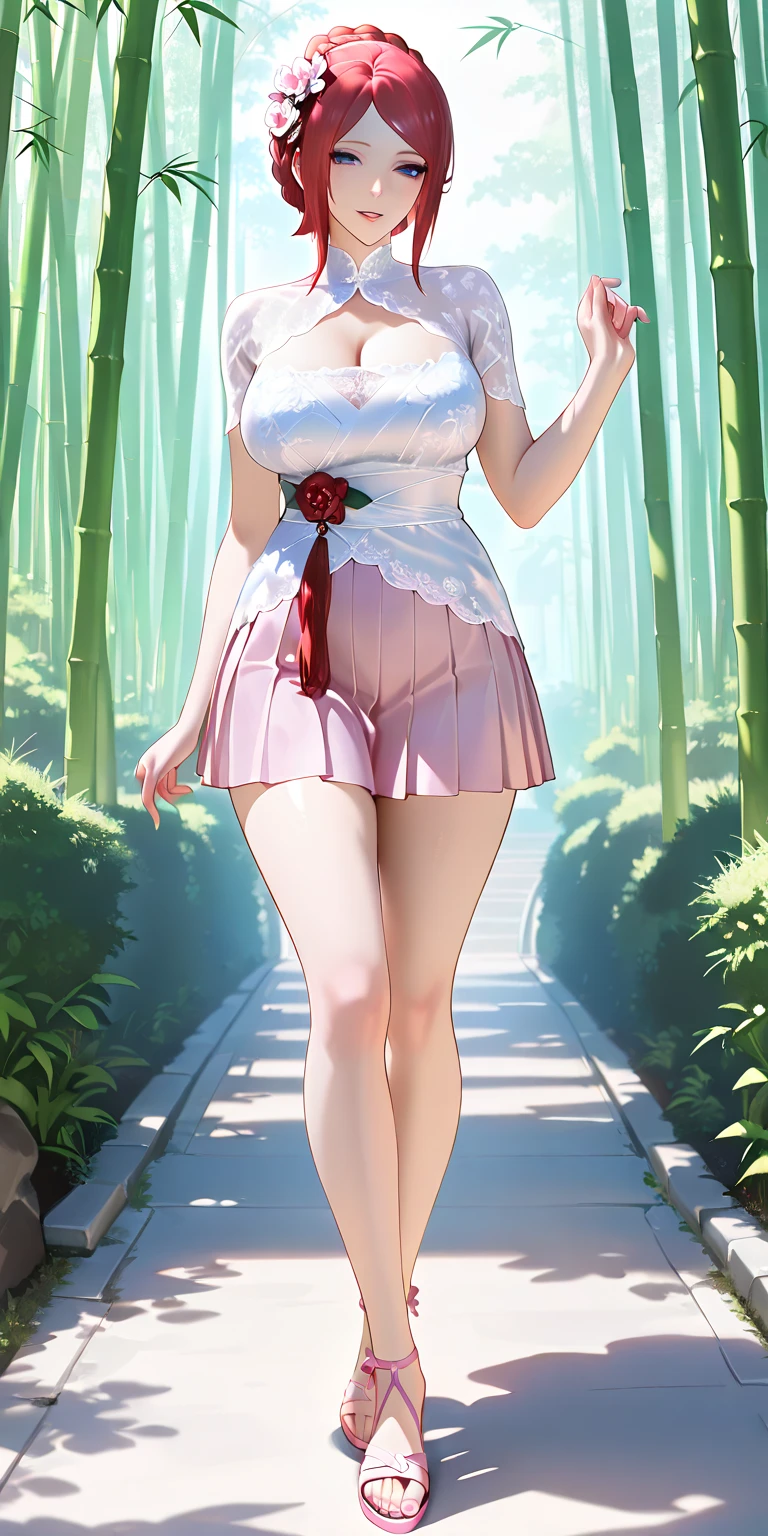 (High definition) (masterpiece) 1 girl, elf, body, cute face, young, slender, perfect waistline, perfect legs, small breasts, in cute sundress, nice cleavage, cute green eyes, medium sized silver hair, smiling, sexy pose, outdoor, full body