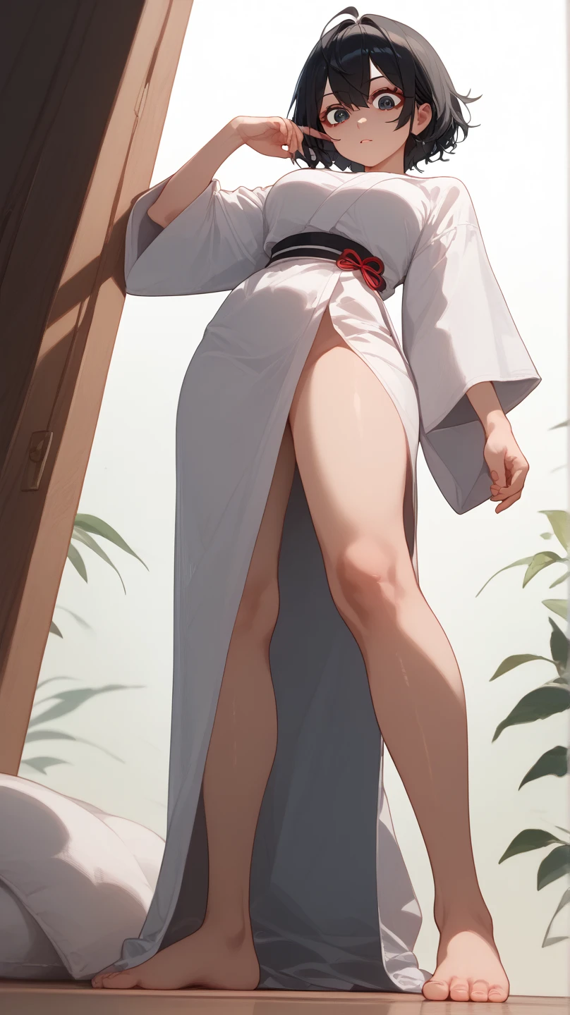 1girl. Japanese petit. Smile. (masterpiece). (best quality). (insanely detailed). Nude. nsfw. Slit Pussy. Close up Mons pubis. Flat chest. Upright standing posture. from below.