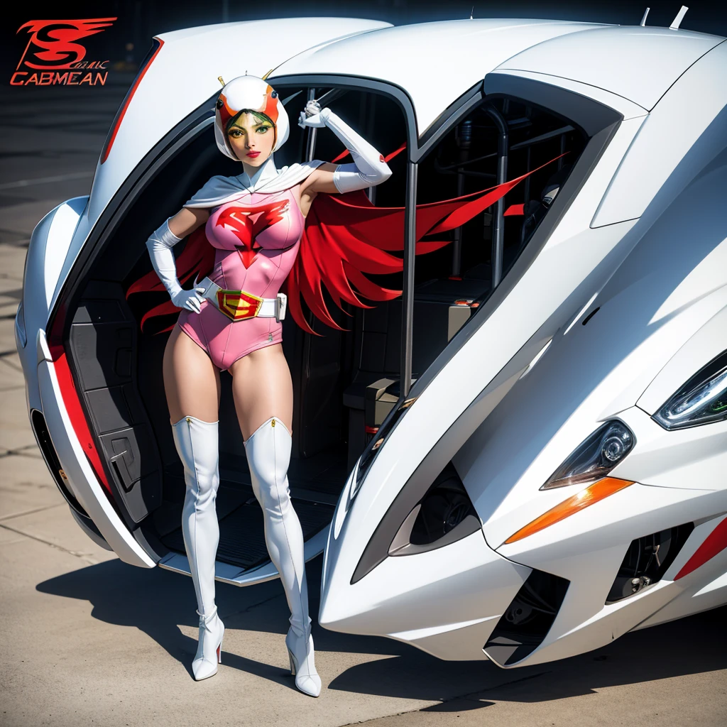 ANI_CLASSIC_jun_gatchaman_ownwaifu,1girl, 15yo,good anatomy, masterpiece, best quality,realistic, hyper realistic, 16k hdr, long hair,breasts,lips,large breasts,lipstick,makeup,gloves,cape,helmet,belt,elbow gloves,white gloves,mask,ultra miniskirt,leotard,spacesuit,white tight overknee highheels boots,pink dress,superhero,bodysuit,cleavage,erected nipples,(stand pose,hands on hip),(spread legs:1.1),cameltoe