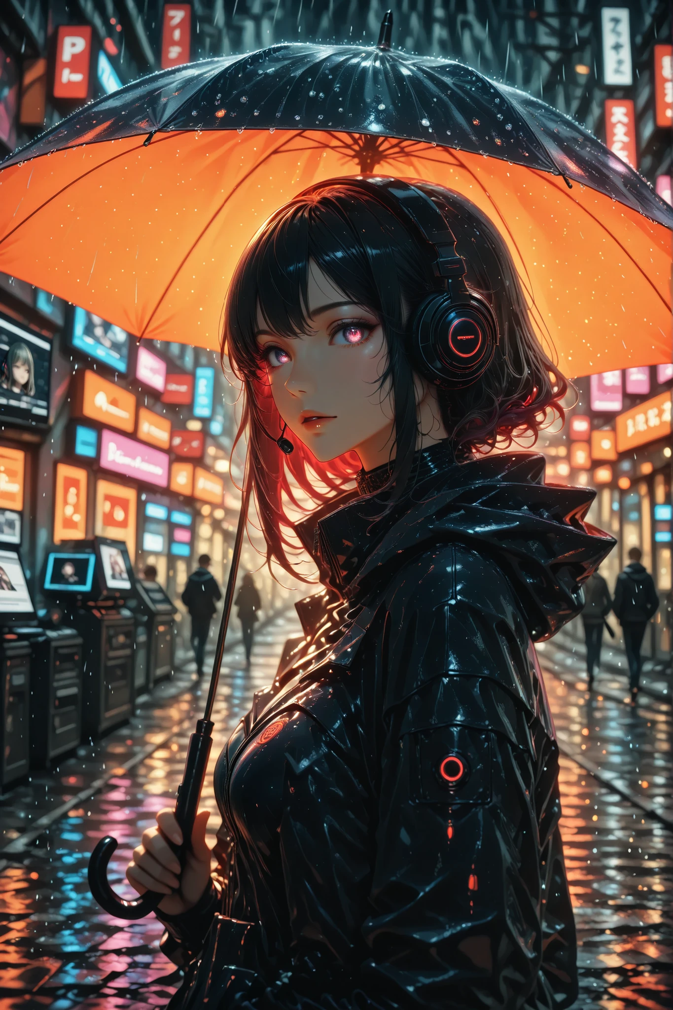 Cute,748 cm style,,(masterpiece:1.2), (high quality), (beautiful detailed eyes:1.2), ((1 beautiful girl)), (Highly detailed computer graphics), (extremely detailed), (very detailed and beautiful:1.1), (perfect details:1.1), (stunning illustration), a anime girl in headphones and a umbrella at night time in the rain background, png background image 54765220, 1 girl, rain, umbrella, black hair, One, headphones, Blurred, hood, hood down, holding umbrella