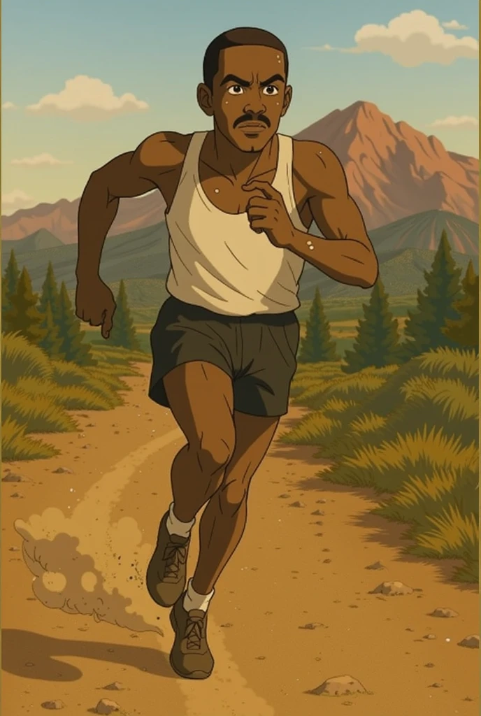 "Depict Rocky embarking on his journey. The scene shows him stepping off the porch into the open field, his head held high and ears perked up with determination. The setting is a rural landscape with a mix of green fields and distant hills. The weather is slightly overcast, adding a sense of adventure and uncertainty."
