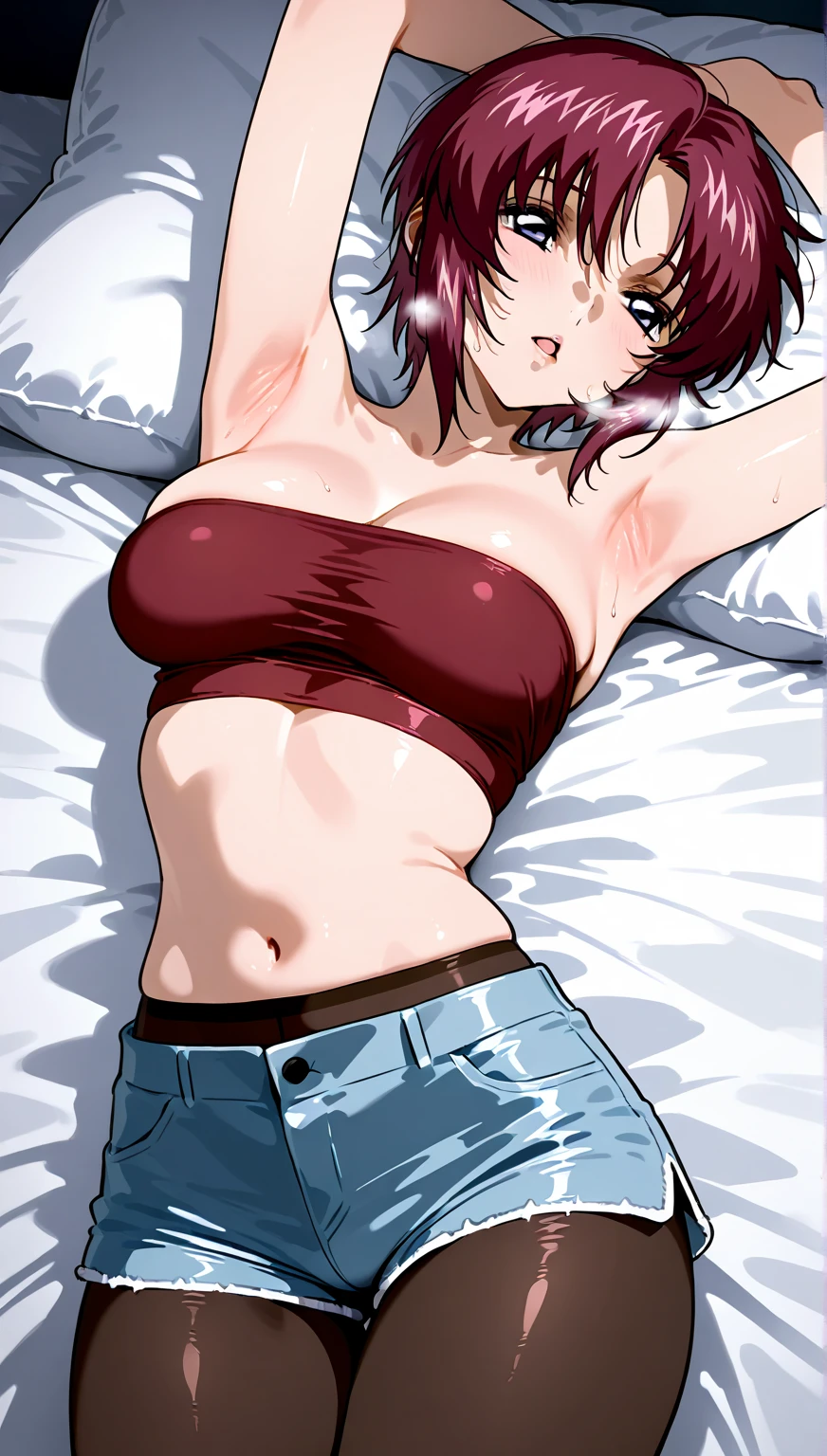1girl, Arima Kana, hat, blue headwear, beret, blunt bangs, short jeans pants, short pants, crop top shirt, show stomach, (masterpiece:1.2), highres, best quality, 8k, sexy pose, blush, shy, smile, v neck shirt, show middle boobs, breat out, stocking, very short pants, ((underboob)), bed, bedrooom, pillow, lying, lying on bed, spread arm, spread leg, show armpit, tongue out, saliva,