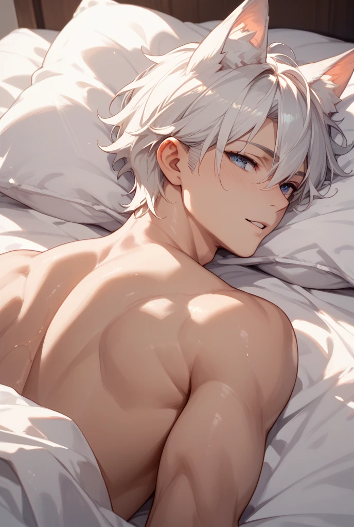 Male, shirtless, pov, pinning down on bed, heavy breathing, white hair, blue eyes, nsfw, dominating, on top