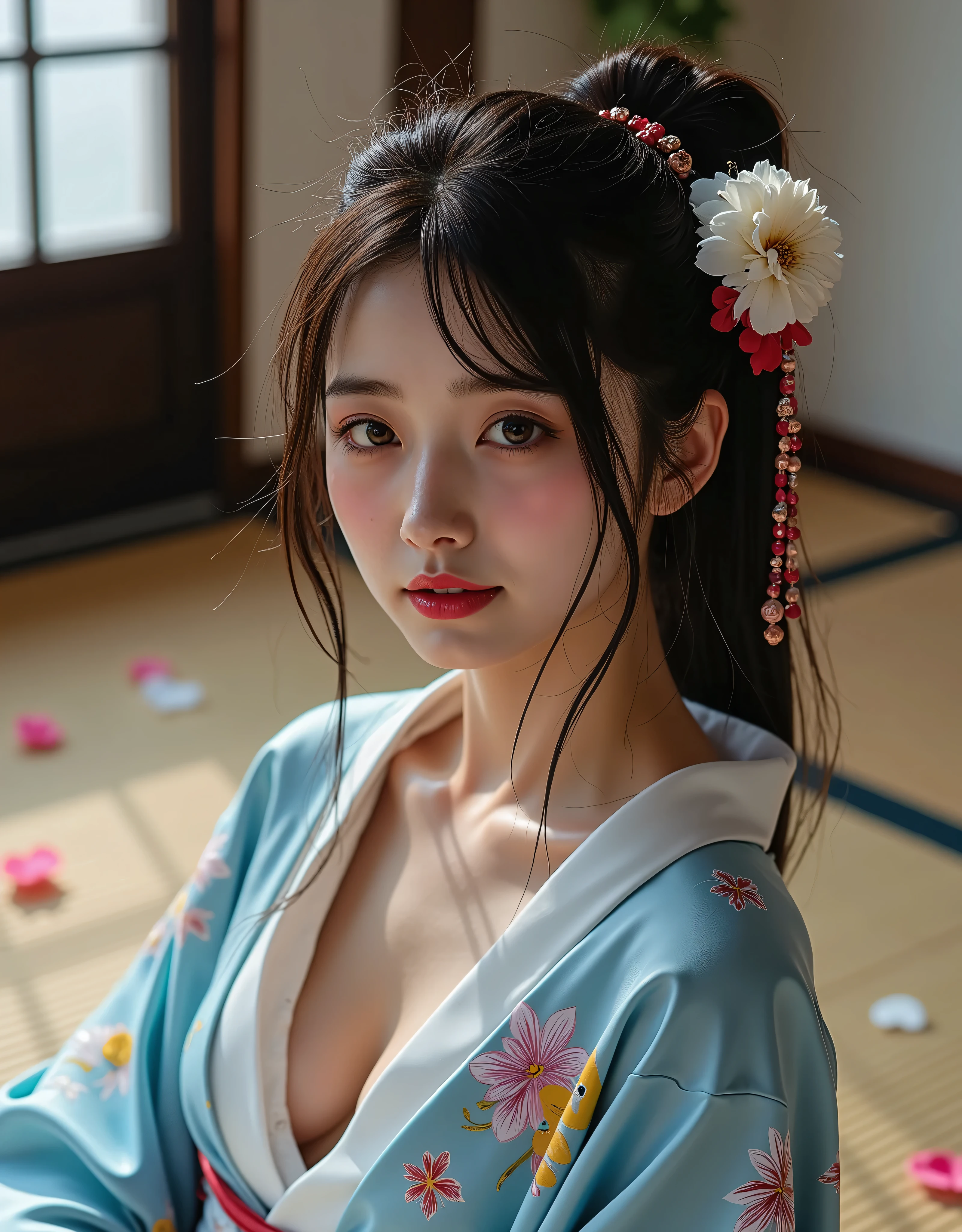 Sexy Japan kimono, 8K, Very detailed, masterpiece, Kimono décolleté, Sensual pose, Excited