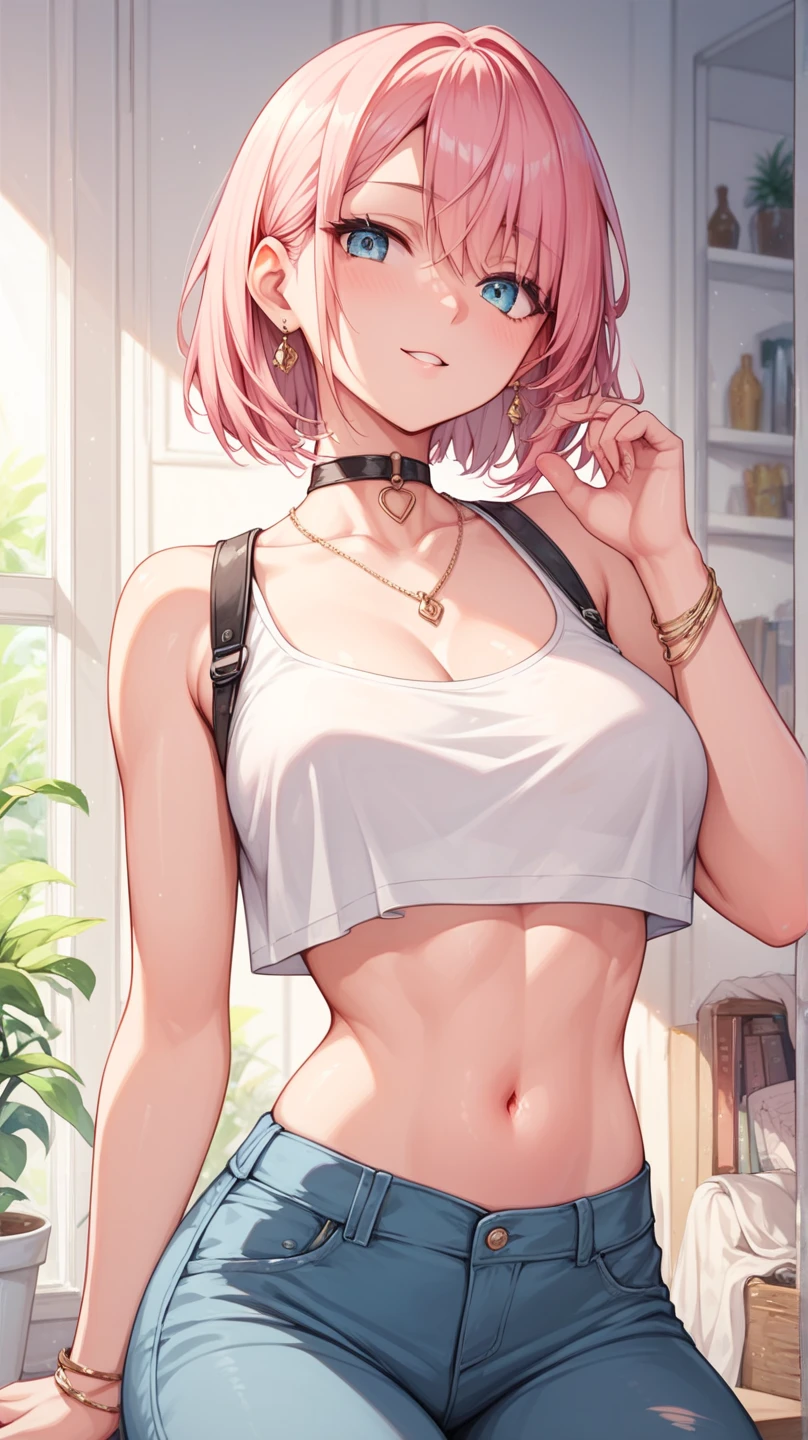 A tall and beautiful elf woman, light red ruby glowing eyes, cold expression, proud posture, chest up, dark skin, cyan crotch tattoos, black tied hair, exposed chest, exposed shoulders , showing her navel and thighs, looking up at the camera, with sweat on her body, her wet body (sweating), in a bedroom. black choker with cow bell attached it.