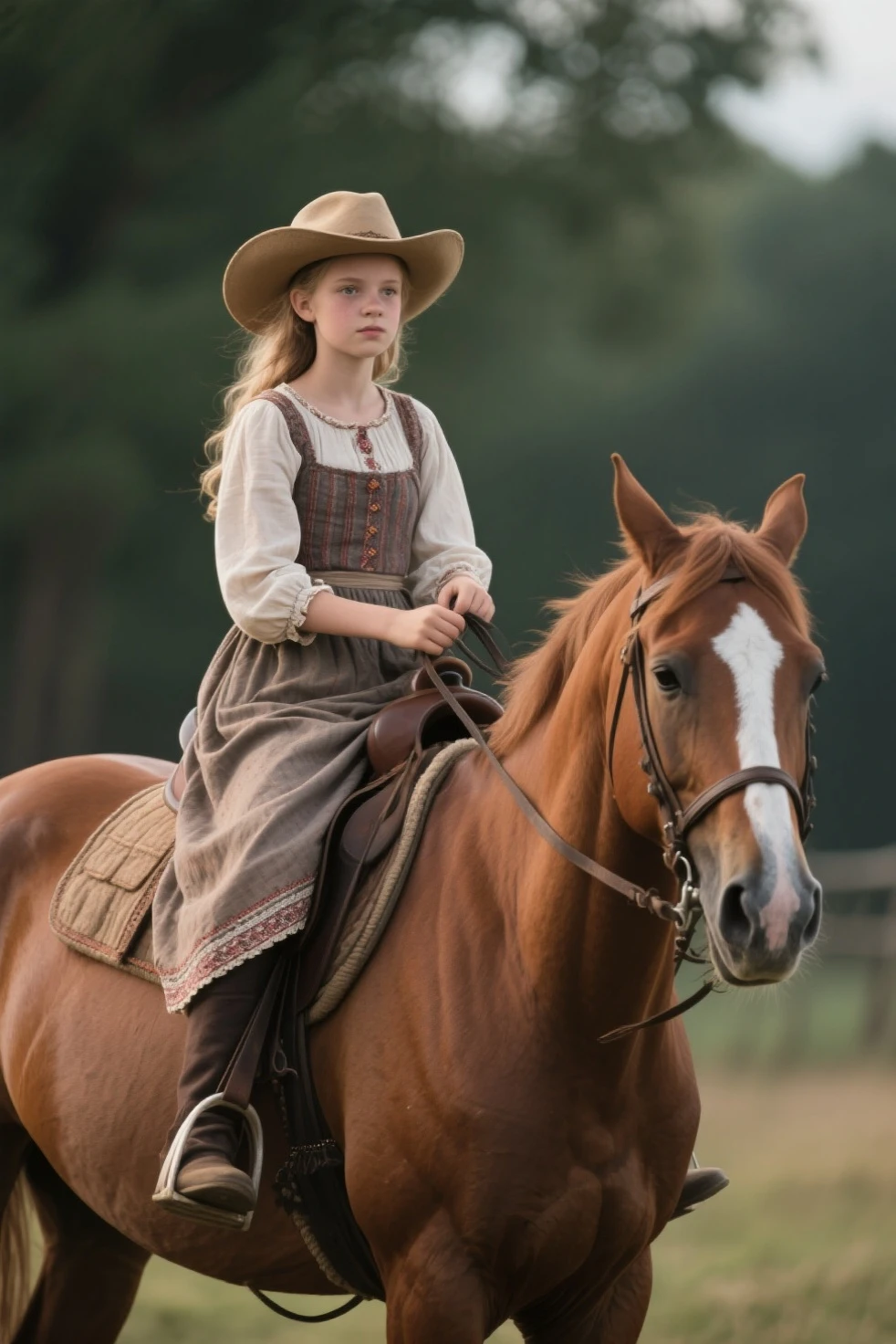 Russian style, children girl, portrait, long red hair of braids with hat, farmer style, with rolls of hay and wheat and horse, barns.